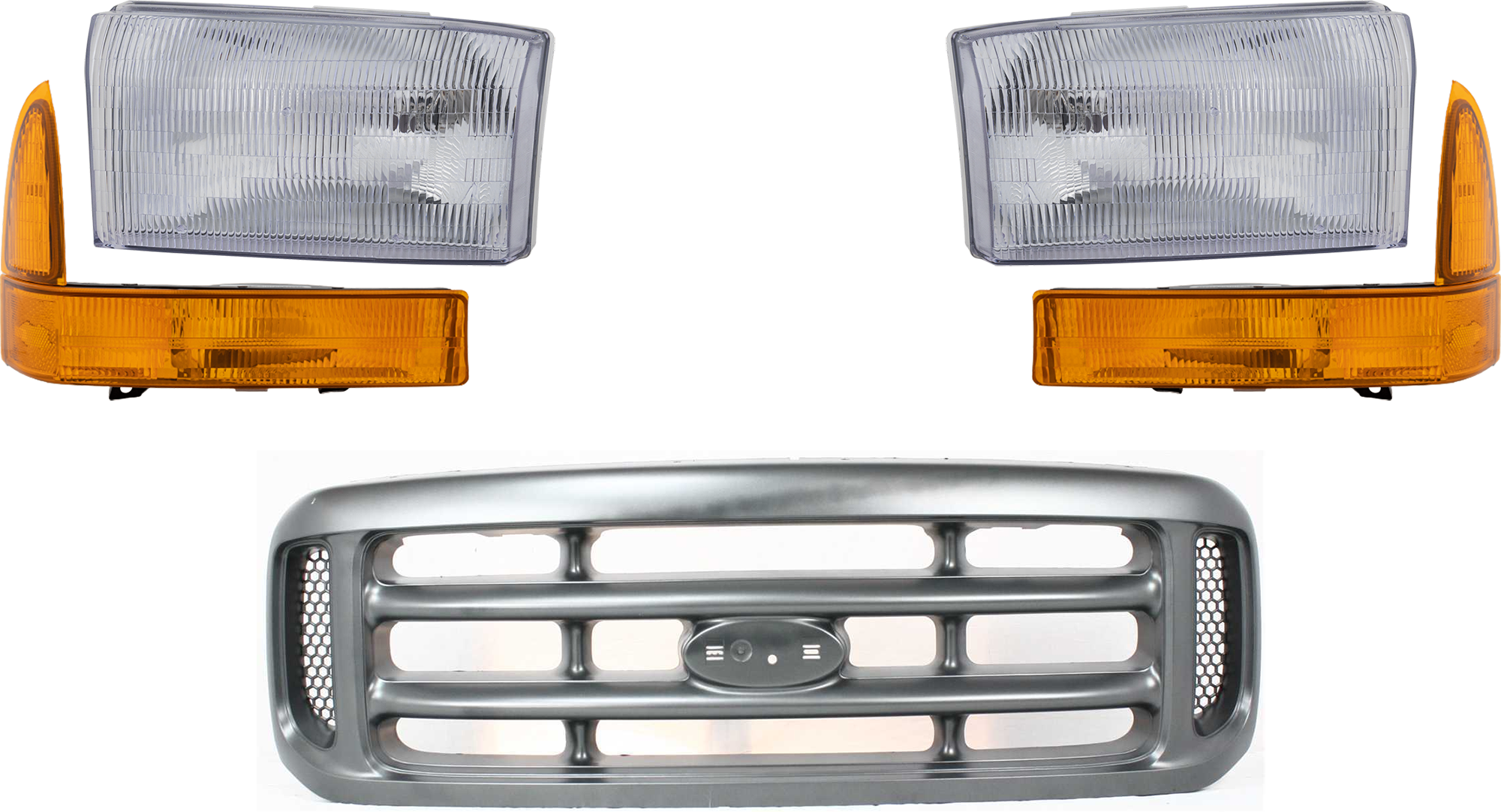AM F SERIES SUPER DUTY 99-01 GRILLE 5 pc Kit Cross Bar Insert Painted Argent Shell and Insert with Corner Light and Headlight SKU KIT 071824 C232 Partslink FO1200362 FO2521141 FO2520141 FO2503147 FO2502147 OEM YC3Z8200AAA XC3Z13200BA XC3Z13