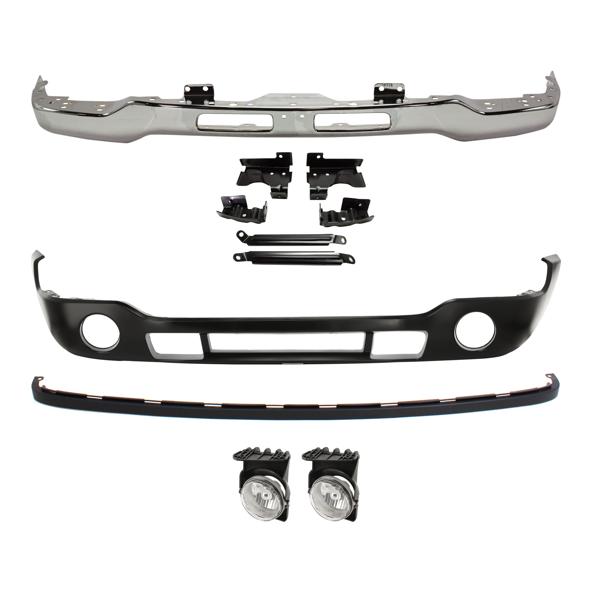 AM SIERRA 04-06 FRONT BUMPER 5 pc kit Chrome with Bumper Cover Fog Light and Valance SKU KIT 071824 C237 Partslink GM1002463 GM1000684 GM2592128 GM2593128 GM1092201 OEM 15098990 PFM 12335963-88979837