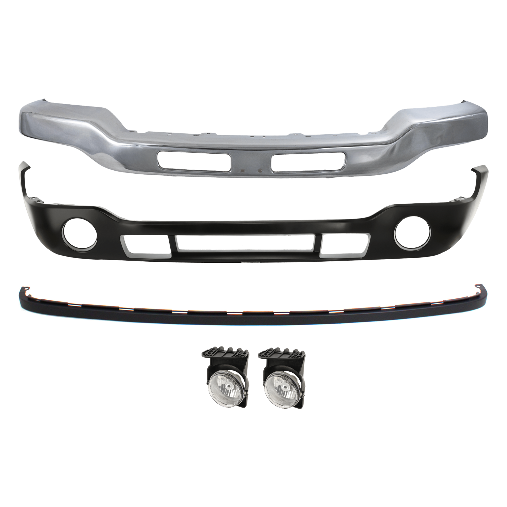AM SIERRA 03-04 FRONT BUMPER 5 pc kit Chrome w Fog Light Hole w o Bracket with Bumper Cover Fog Light and Valance SKU KIT 071824 C239 Partslink GM1002418 GM1000684 GM2592128 GM2593128 GM1092201 OEM 15098990-12335963-88979837-151