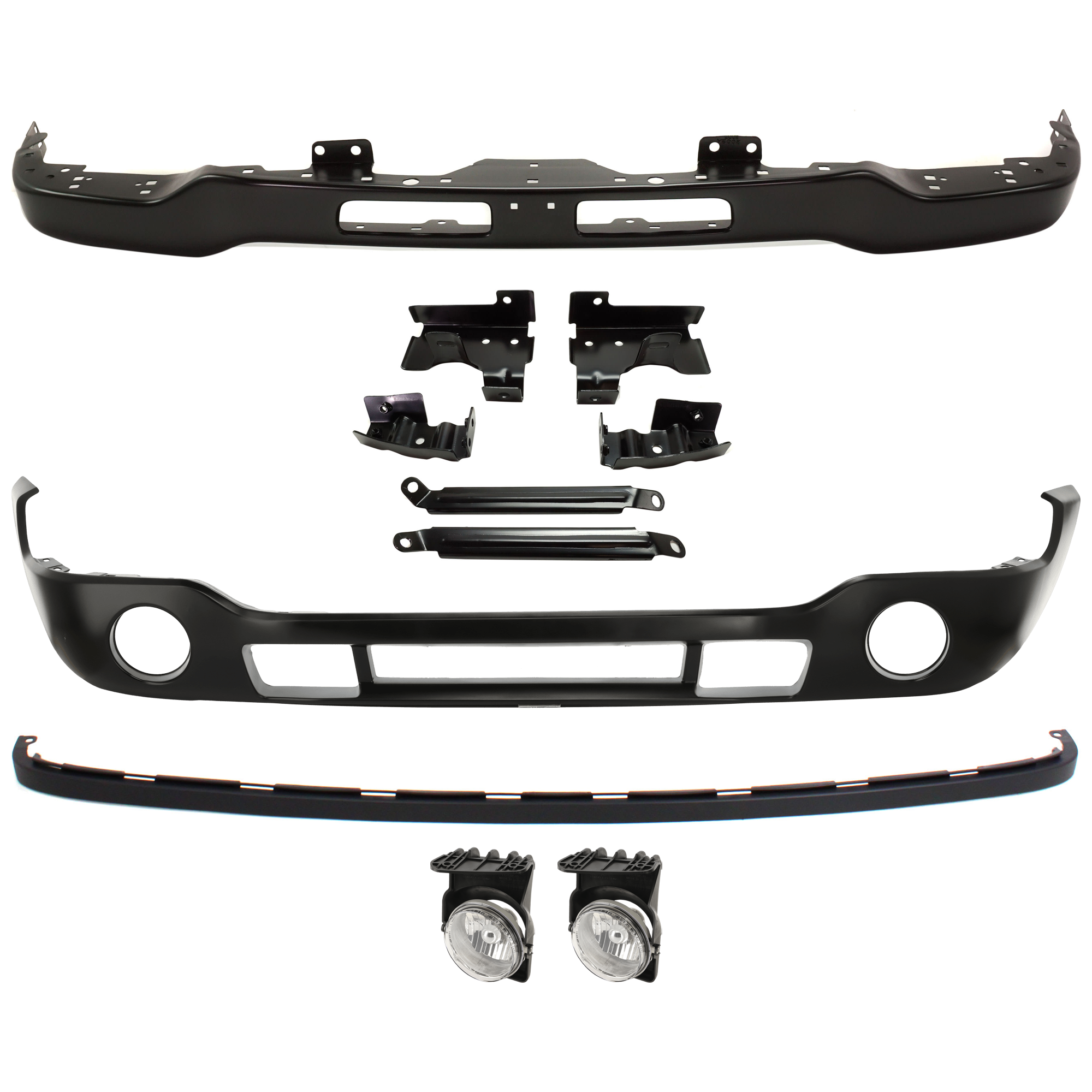 AM SIERRA FRONT BUMPER 5 pc kit Black w Fog Light Hole with Bumper Cover Fog Light and Valance SKU KIT 071824 C241 Partslink GM1002464 GM1000684 GM2592128 GM2593128 GM1092201 OEM Performance 12335963-88979837
