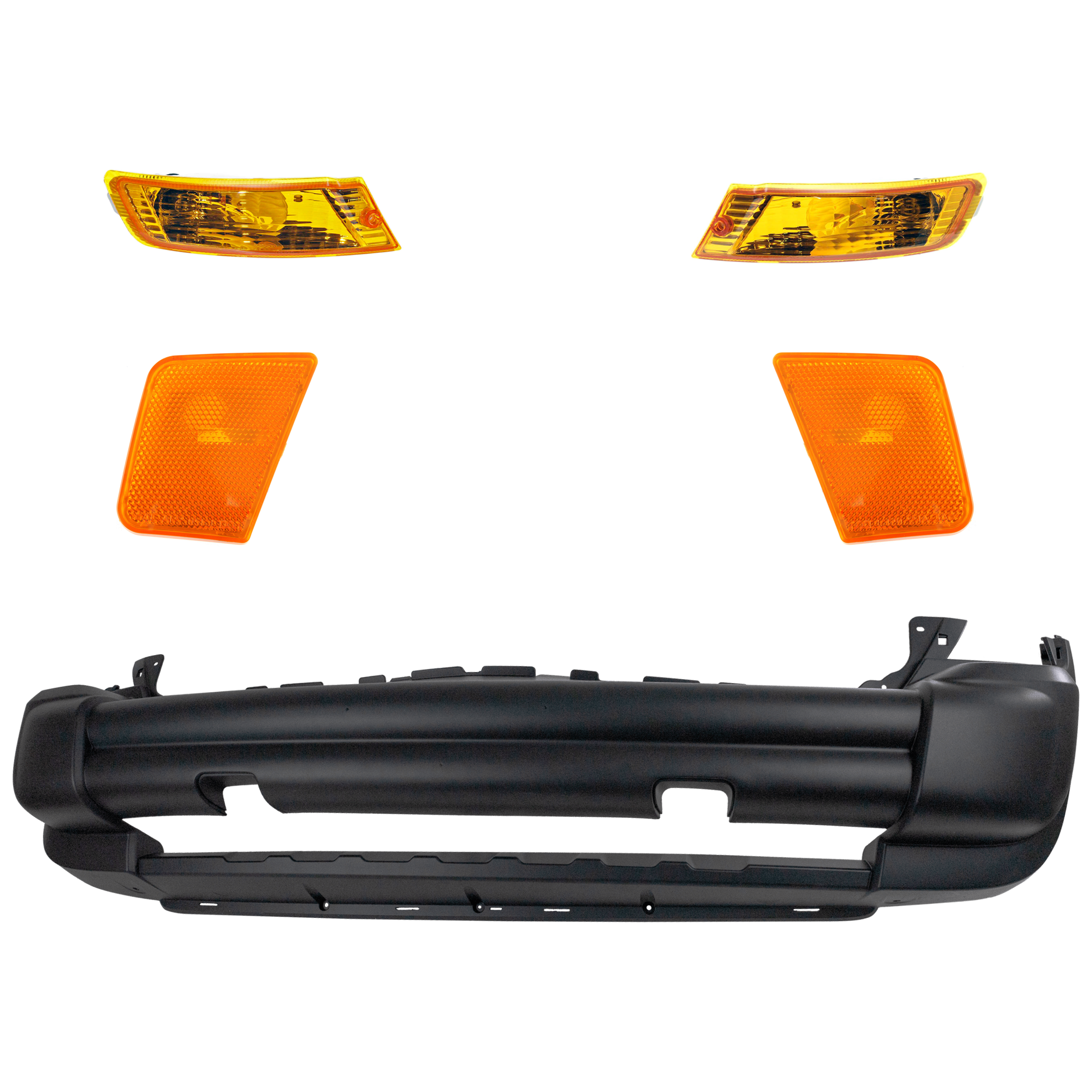 AM LIBERTY 05-07 FRONT BUMPER COVER 5 pc kit Textured Accent Color with Side Marker and Turn Signal Light SKU KIT 071824 C243 Partslink CH1000454 CH2550123 CH2521143 CH2520143 OEM 5JG91CD7AB 5JG91CD7AD 55156883