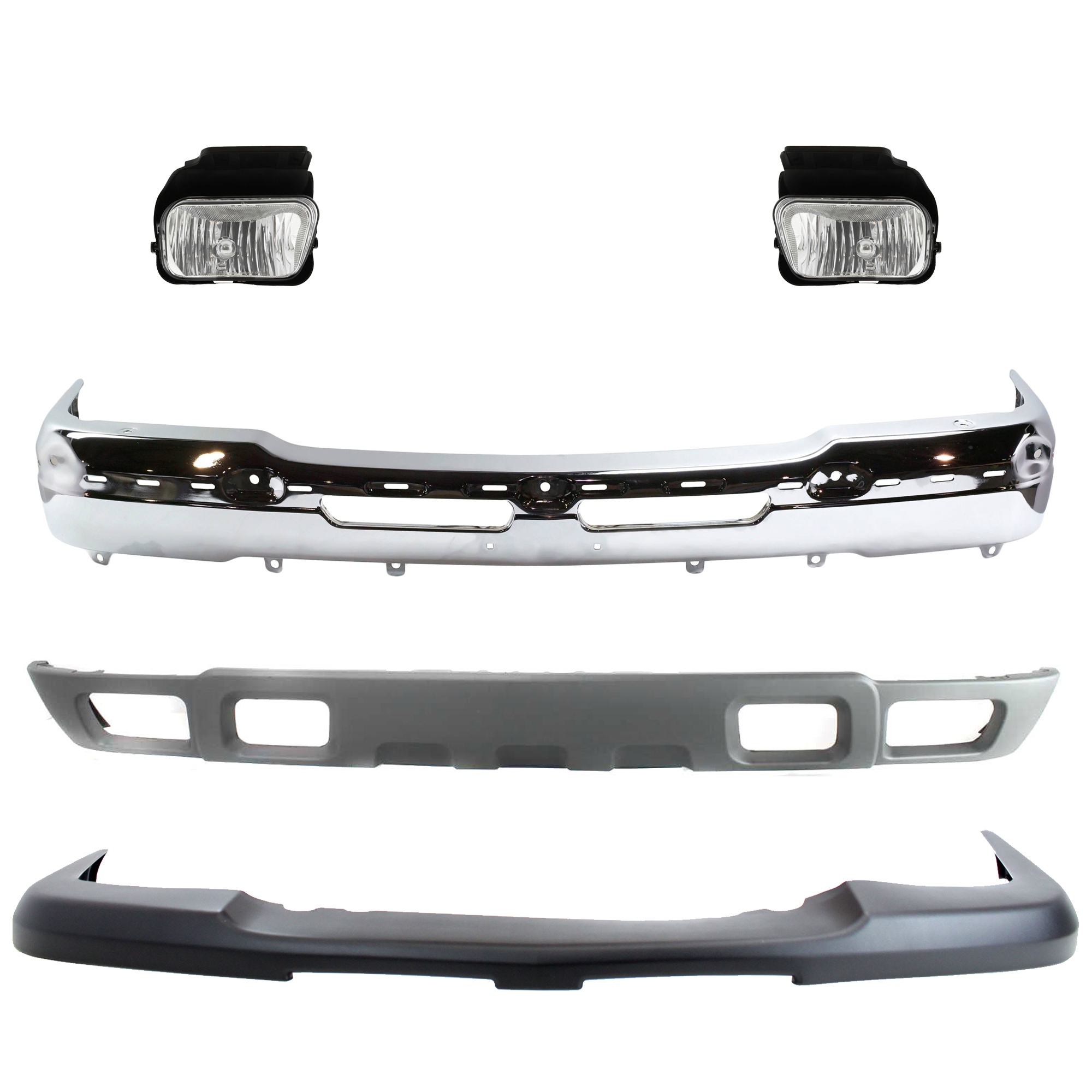 AM AVALANCHE 1500-02-06 SILVERADO 1500-04-04 FRONT BUMPER 5 pc kit Face Bar Chrome with Bumper Cover Fog Light and Valance SKU KIT 071824 C248 Partslink GM1002822 GM1002842 GM1051110 GM2592127 GM2593127 GM1092173 OEM 19150310 PFM 15139805-15190982