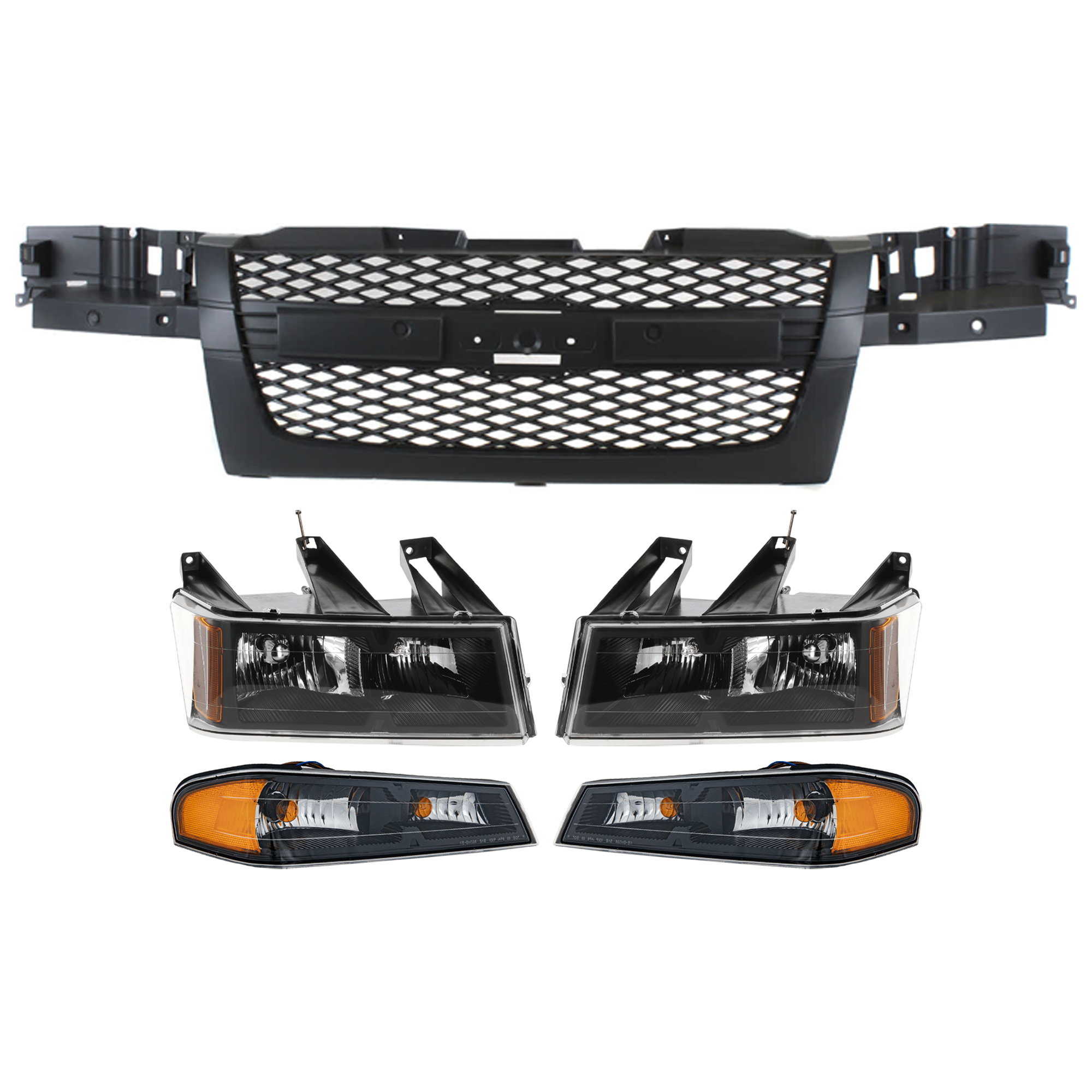 AM COLORADO 04-12 HEAD LAMP RH AND LH 5 pc kit Assembly Halogen Black Interior w o Xtreme Package with Corner Light and Grille Assembly SKU KIT 071824 C256 Partslink GM2502234 GM2503234 GM2520189 GM2521189 GM1200518 OEM 20766569-20766570-19328954-194