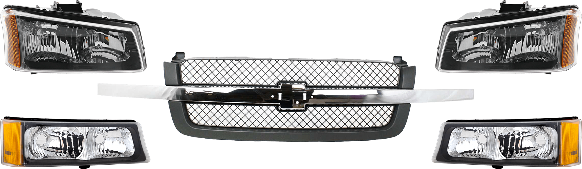 AM CHEVROLET C K FULL SIZE PICKUP 03-07 GRILLE 5 pc Kit Textured Gray Mesh Insert w Headlight and Turn Signal Light SKU KIT 071824 C257 Partslink GM1200474 GM2502224 GM2503224 GM2521185 GM2520185 OEM 88968933-10396913 PFM 10396912