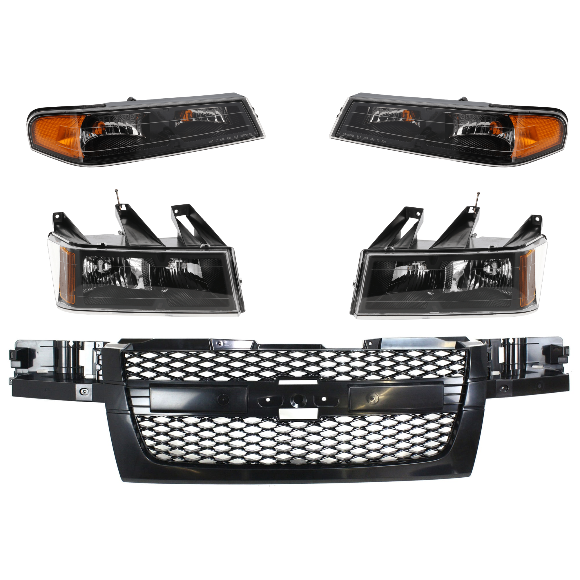 AM COLORADO 04-12 HEAD LAMP RH AND LH 5 pc kit Assembly Halogen Black Interior with Corner Light and Grille Assembly SKU KIT 071824 C258 Partslink GM2502234 GM2503234 GM2520189 GM2521189 GM1200560 OEM 20766569-20766570-19328954-194