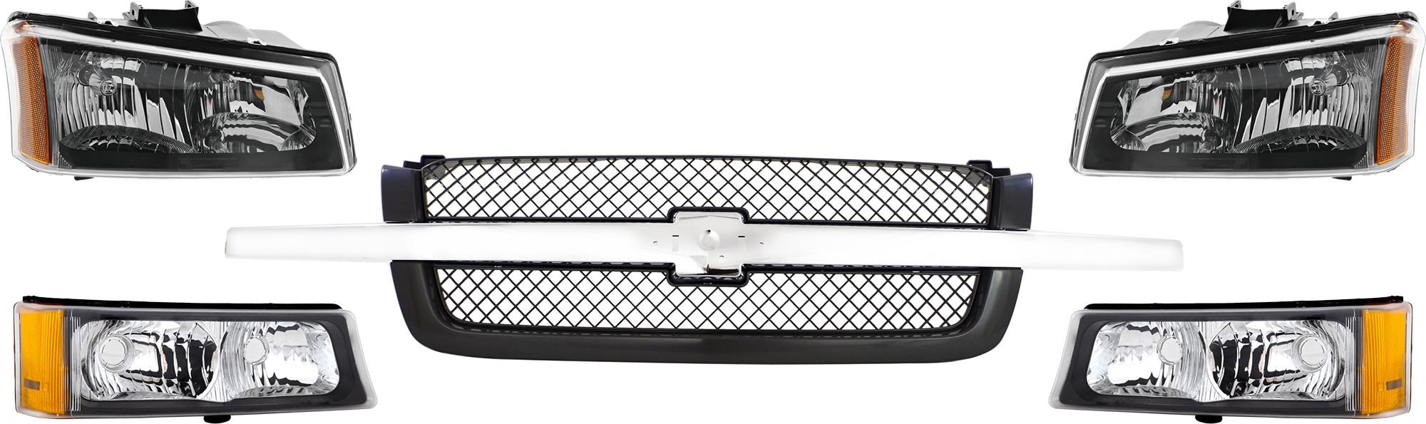 AM AVALANCHE 1500 AVALANCHE 2500-03-06 GRILLE 5 pc Kit Mesh Gray w Chrome Center Bar with Headlight and Turn Signal Light SKU KIT 071824 C259 Partslink GM1200489 GM2502224 GM2503224 GM2521185 GM2520185 OEM 19168629-10396913 PFM 10396912