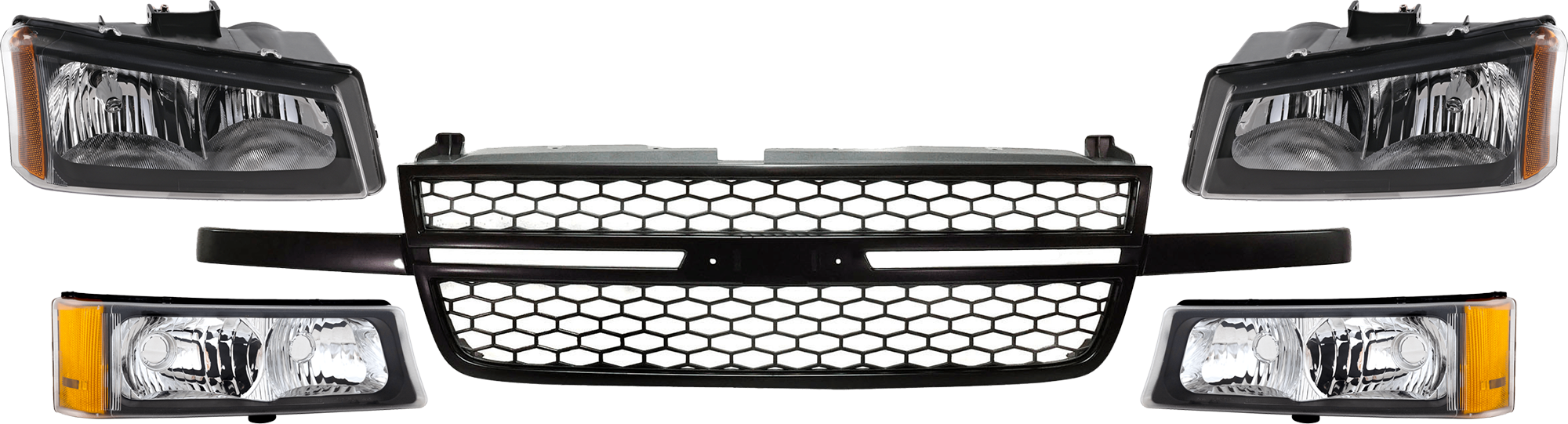 AM SILVERADO 1500-03-06 GRILLE 5 pc Kit Textured Black Honeycomb Design w o Center Bar w Headlight and Turn Signal Light Includes 2007 Classic SKU KIT 071824 C260 Partslink GM1200586 GM2503257 GM2502257 GM2521185 GM2520185 OEM 15276048-10396912-10396913-151