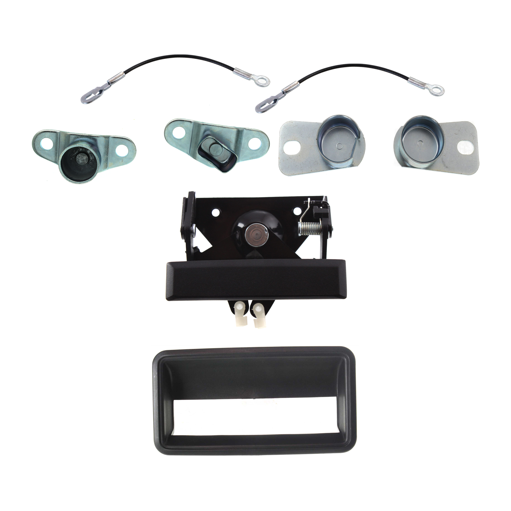 AM C K FULL SIZE P U 88-00 TAILGATE HINGE RH AND LH 8 pc Kit with Tailgate Handle and Tailgate Cable SKU KIT 071824 C261 Partslink GM1916101 GM1915101 OEM 15521579-15603558-15691087-156