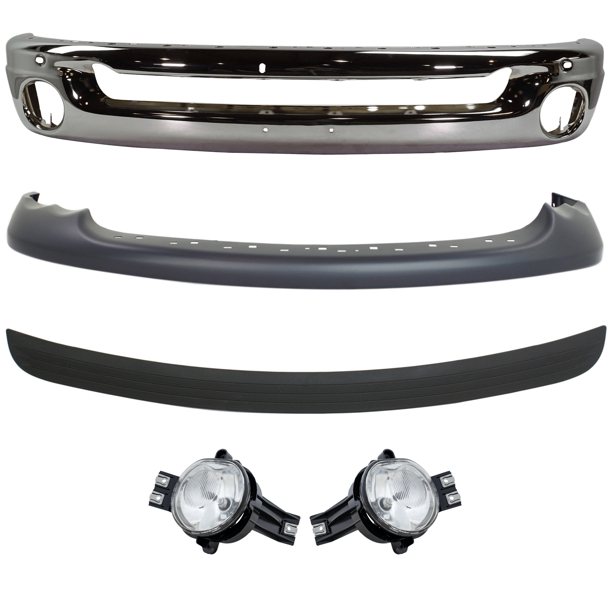 AM DODGE RAM FULL SIZE PICKUP 02-05 FRONT BUMPER 5 pc kit Face Bar Steel Chrome with Bumper Trim Fog Light and Valance SKU KIT 071824 C264 Partslink CH1002383 CH1019102 CH2592121 CH2593121 CH1000338 OEM 55077946AB 55077342AC 55077475