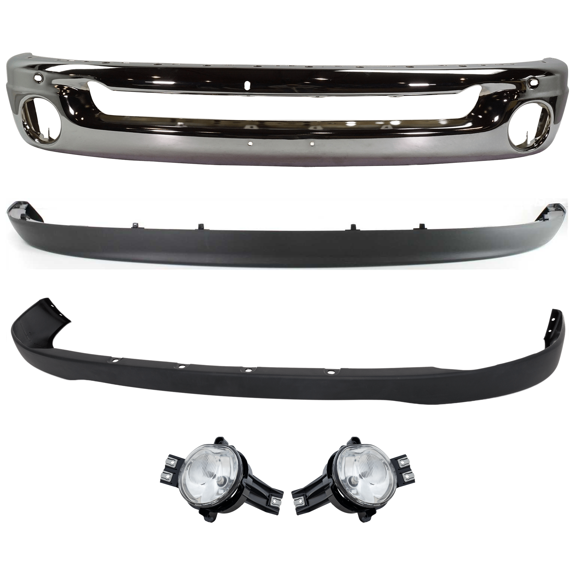 AM DODGE RAM FULL SIZE PICKUP 06-09 FRONT BUMPER 5 pc kit Face Bar Steel Chrome with Bumper Cover Fog Light and Valance SKU KIT 071824 C268 Partslink CH1002383 CH1000880 CH2592121 CH2593121 CH1090125 OEM 55077946AB 55077762AA 55077475