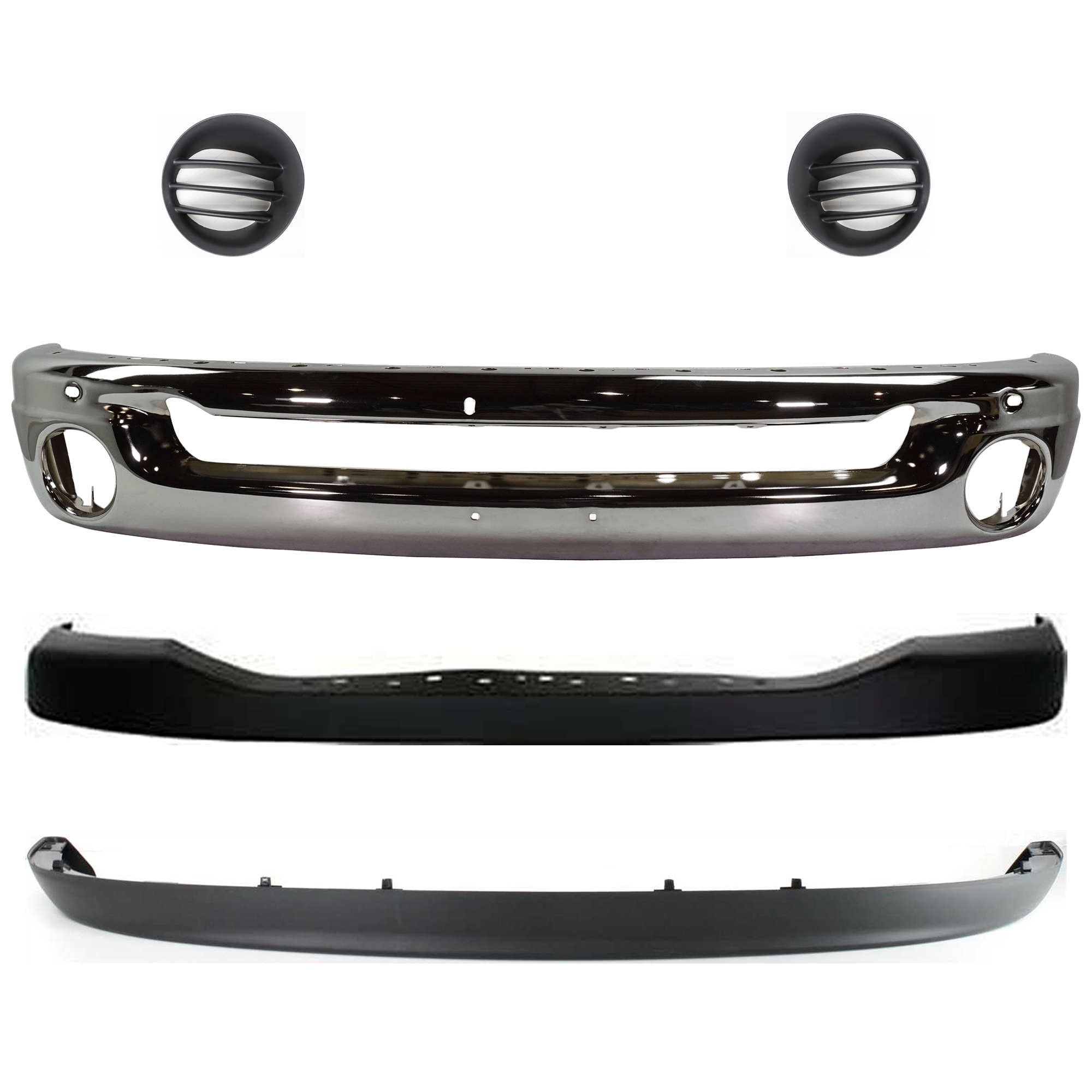 AM DODGE RAM FULL SIZE PICKUP 06-09 FRONT BUMPER 5 pc kit Face Bar Steel Chrome with Bumper Cover Fog Light Cover and Valance SKU KIT 071824 C269 Partslink CH1002383 CH1014100 CH1038104 CH1039104 CH1090125 OEM 55077946AB ZA17TZZAA 55077235A