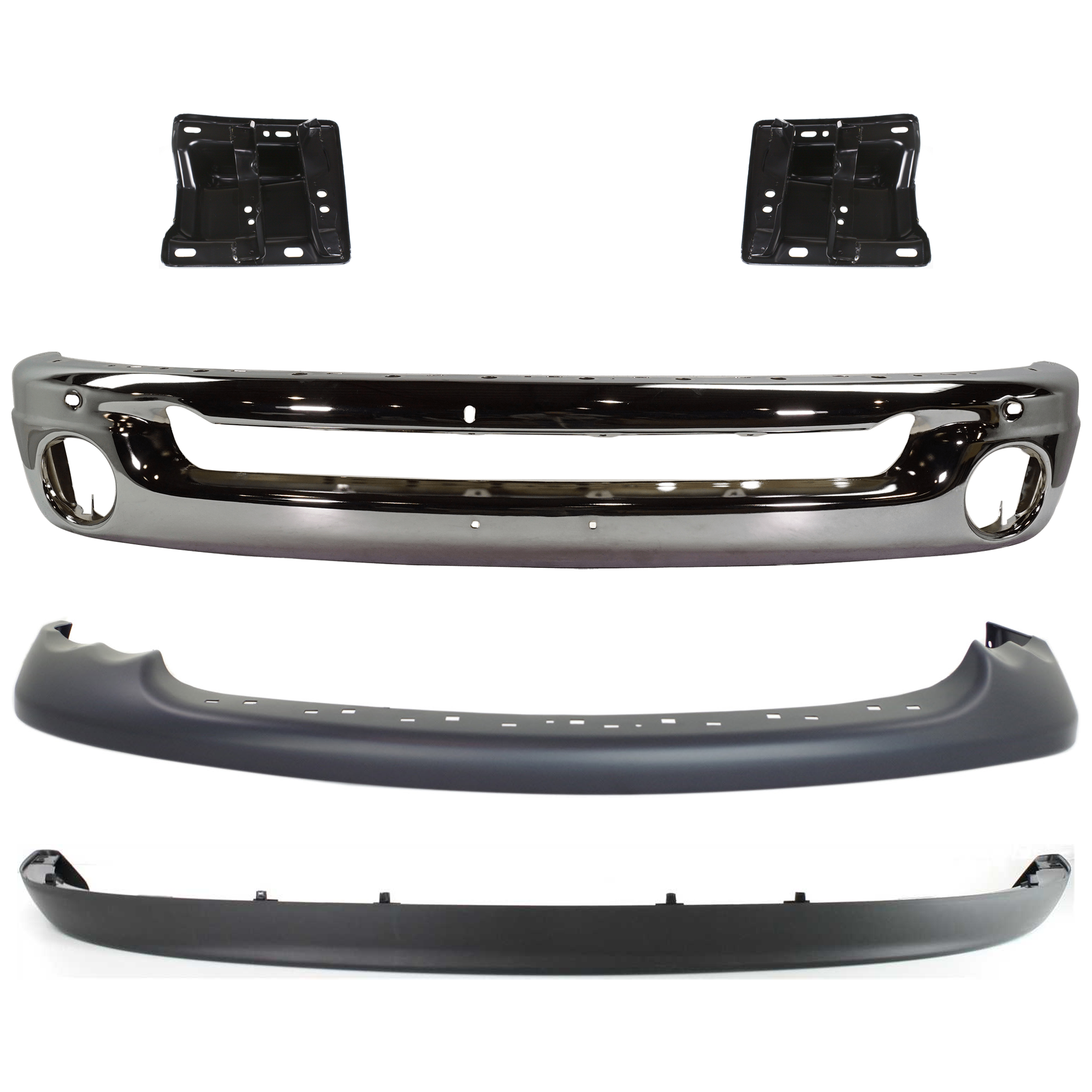 AM RAM 1500 PICKUP 02-05 FRONT BUMPER 5 pc kit Face Bar Steel Chrome with Bumper Bracket and Valance SKU KIT 071824 C270 Partslink CH1002383 CH1066131 CH1067131 CH1000338 CH1090125 OEM 55077946AB 55077221AC 55077220