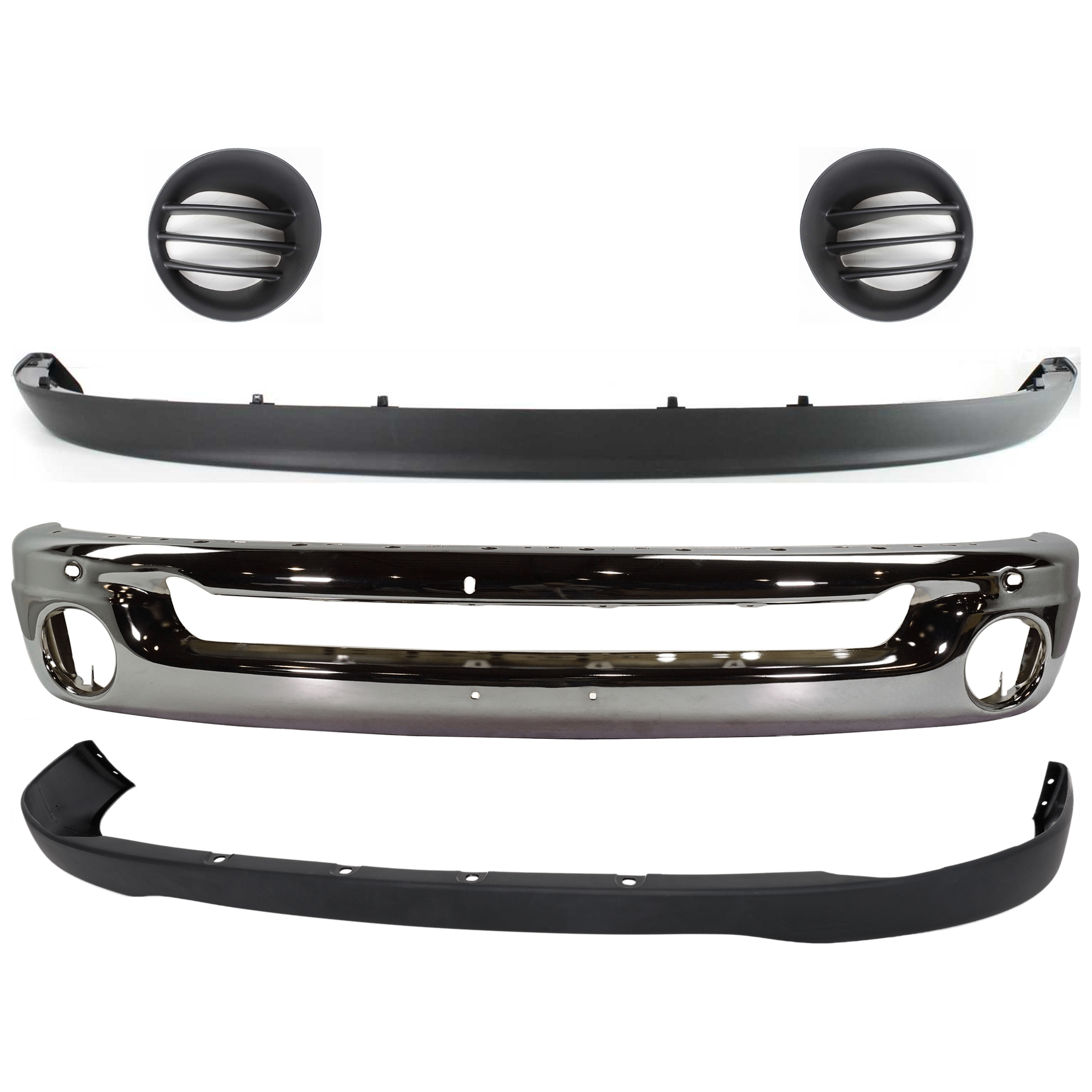AM DODGE RAM FULL SIZE PICKUP 06-09 FRONT BUMPER 5 pc kit Face Bar Steel Chrome with Bumper Cover Fog Light Cover and Valance SKU KIT 071824 C272 Partslink CH1002383 CH1000880 CH1038104 CH1039104 CH1090125 OEM 55077946AB 55077762AA 55077235