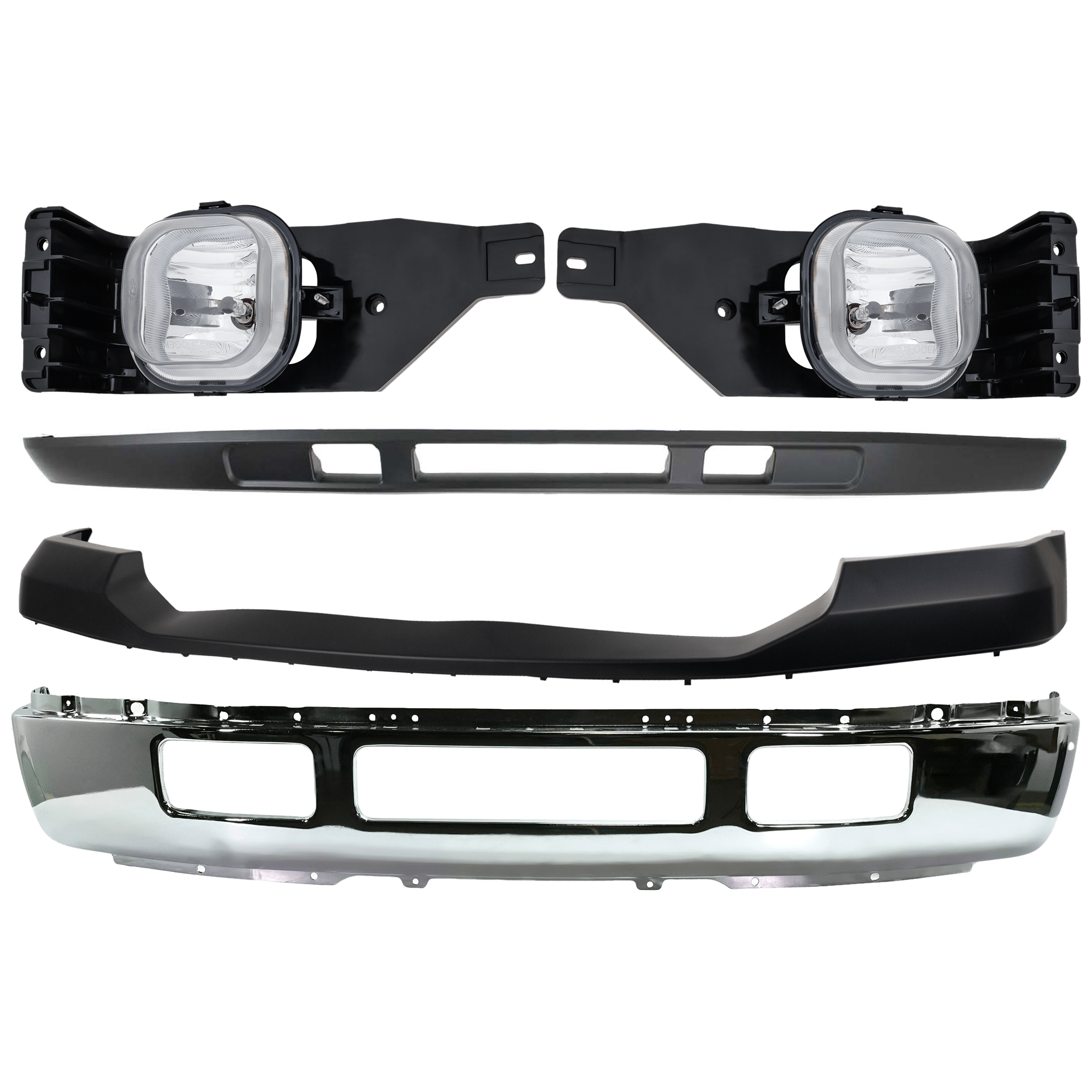 AM F 450 F 550 SUPER DUTY 05-07 FRONT BUMPER 4 pc kit Chrome with Bumper Cover Fog Light and Valance SKU KIT 071824 C279 Partslink FO1002396 FO1057292 FO2593211 FO2592211 FO1095219 OEM 5C3Z17757FA 6C3Z17D957BAPTM 6C