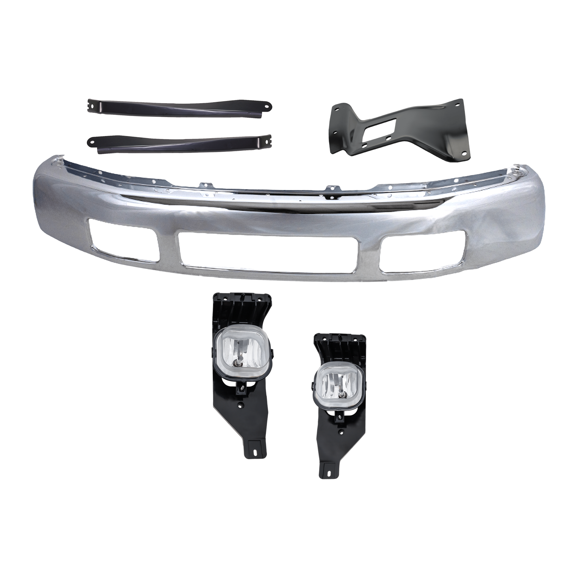 AM F 250 F 350 SUPER DUTY 05-07 FRONT BUMPER 5 pc kit Chrome w Bumper Bracket and Fog Light SKU KIT 071824 C284 Partslink FO1002392 FO1067164 FO1066164 FO1067163 FO2593211 FO2592211 OEM 5C3Z17757BA 5C3Z17754AA 5C3Z17
