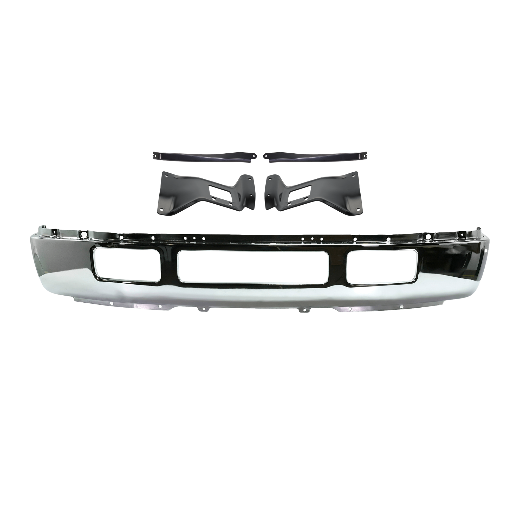 AM F 450 F 550 SUPER DUTY 05-07 FRONT BUMPER 5 pc kit Chrome w Bumper Bracket SKU KIT 071824 C285 Partslink FO1002396 FO1067164 FO1066164 FO1067163 FO1066163 OEM 5C3Z17757FA 5C3Z17754AA 5C3Z17