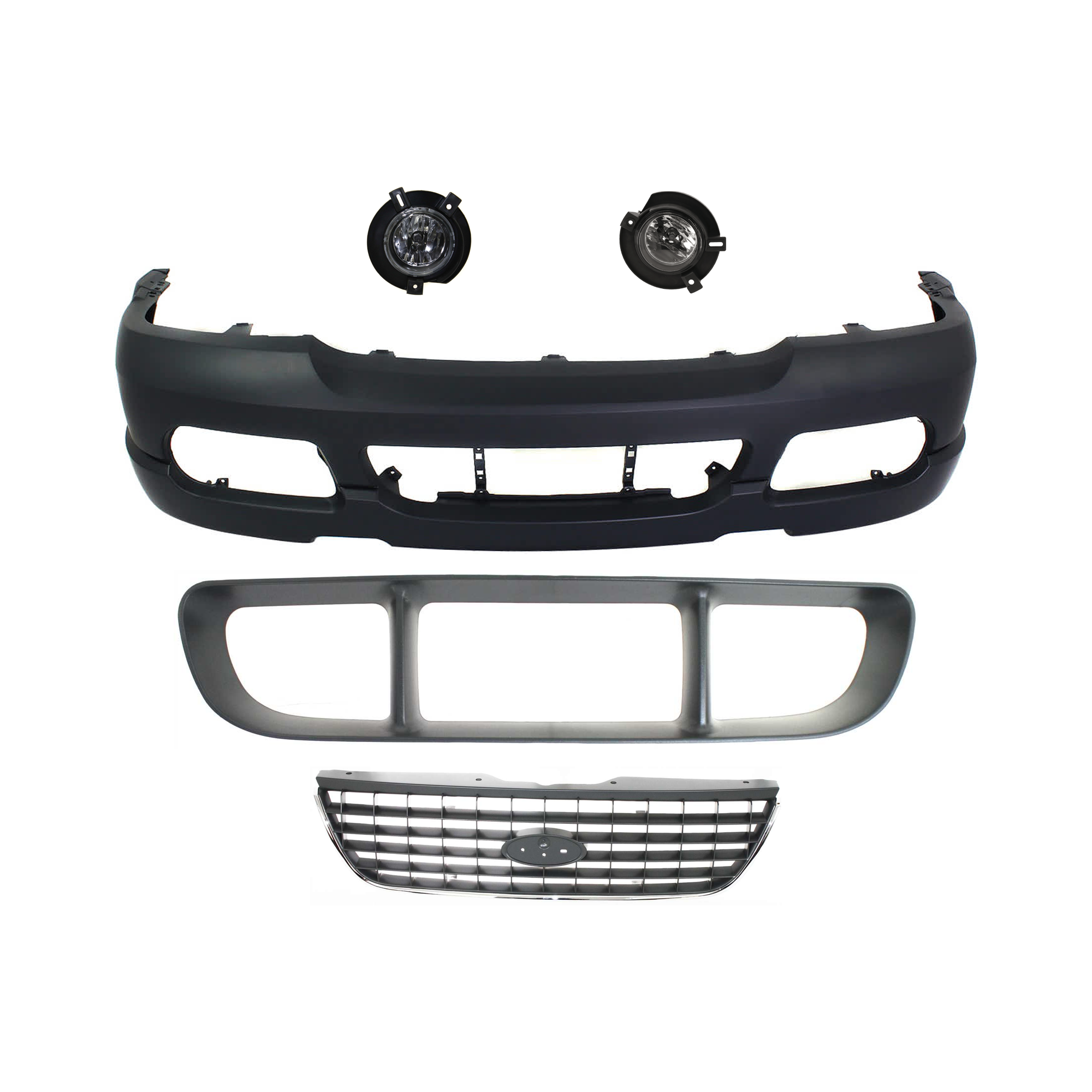 AM EXPLORER 02-05 FRONT BUMPER COVER 5 pc kit Primed with Bumper Grille Fog Light and Grille Assembly SKU KIT 071824 C297 Partslink FO1000496 FO1036107 FO1200396 OEM 2L2Z17D957SAPTM 1L2Z17K945AAA