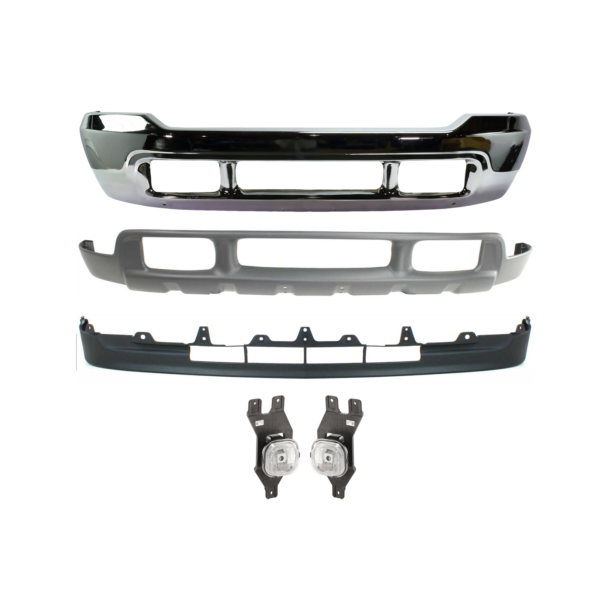AM F SERIES SUPER DUTY 01-04 FRONT BUMPER 5 pc kit Chrome w o Holes for Lower Cover with Fog Light and Valance SKU KIT 071824 C306 Partslink FO1002374 FO2593200 FO2592200 FO1095203 FO1095176 OEM 1C3Z17757MAA F81Z17757BA 3C3Z1