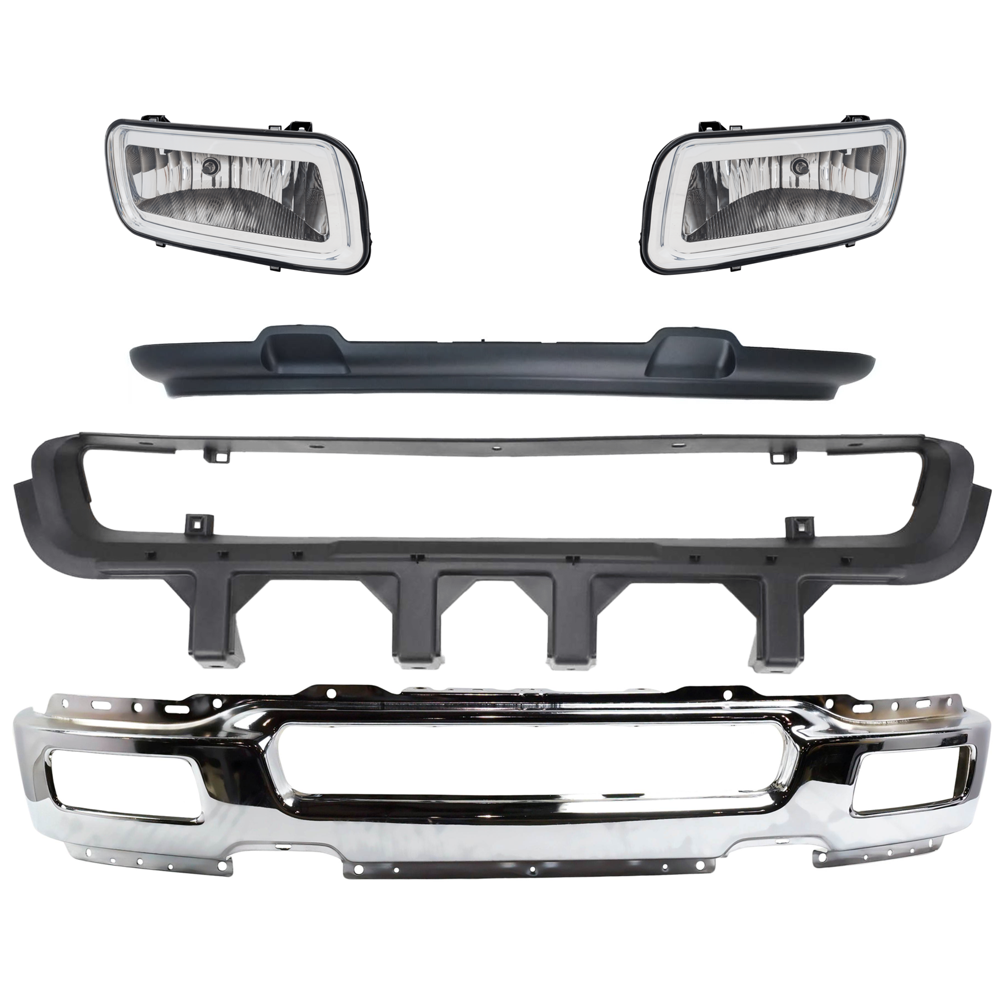 AM F 150-04-05 FRONT BUMPER 5 pc kit Face Bar Chrome with Bumper Grille Fog Light and Valance SKU KIT 071824 C308 Partslink FO1002390 FO1036109 FO2592197 FO2593197 FO1095205 OEM 4L3Z17757BA 5L3Z17B968AA 5L3Z1