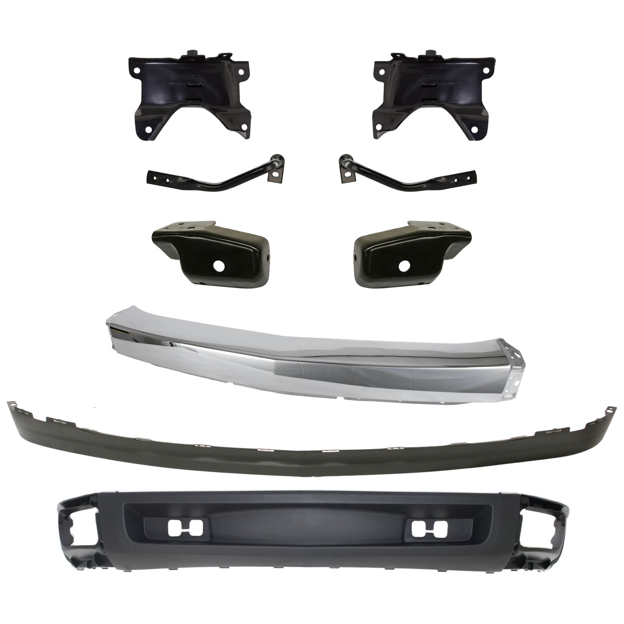 AM SILVERADO 1500-07-08 FRONT BUMPER 9 pc kit Impact Bar Chrome with Bumper Bracket and Valance SKU KIT 071824 C30 Partslink GM1002830 GM1043107 GM1042107 GM1067180 GM1066180 GM1066179 GM1067179 GM1092191 GM1092192 OEM 15836961-22861859-22861858-158