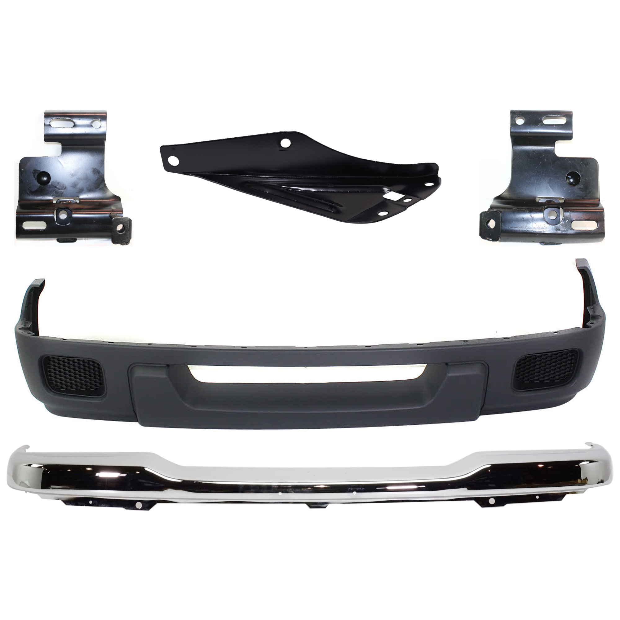 AM RANGER 04-05 FRONT BUMPER 5 pc kit Chrome with Bumper Bracket and Valance SKU KIT 071824 C310 Partslink FO1002368 FO1066144 FO1067143 FO1066143 FO1095215 OEM 1L5Z17757CA 1L5Z17752AB 1L5Z17