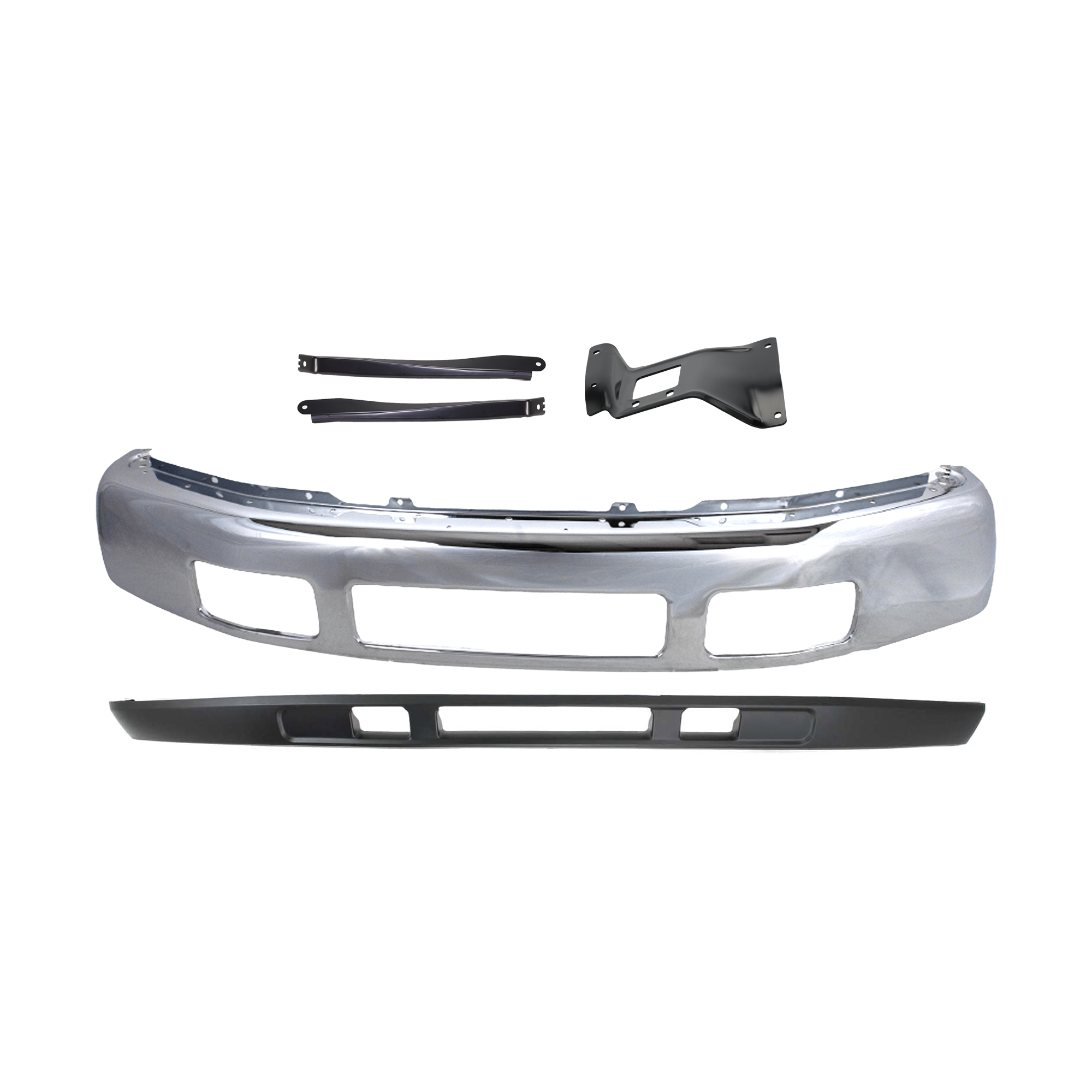AM F SERIES SUPER DUTY 05-07 FRONT BUMPER 5 pc kit Chrome w o Fender Flare holes with Bumper Bracket and Valance SKU KIT 071824 C314 Partslink FO1002392 FO1067164 FO1066164 FO1067163 FO1095219 OEM 5C3Z17757BA 5C3Z17754AA 5C3Z17