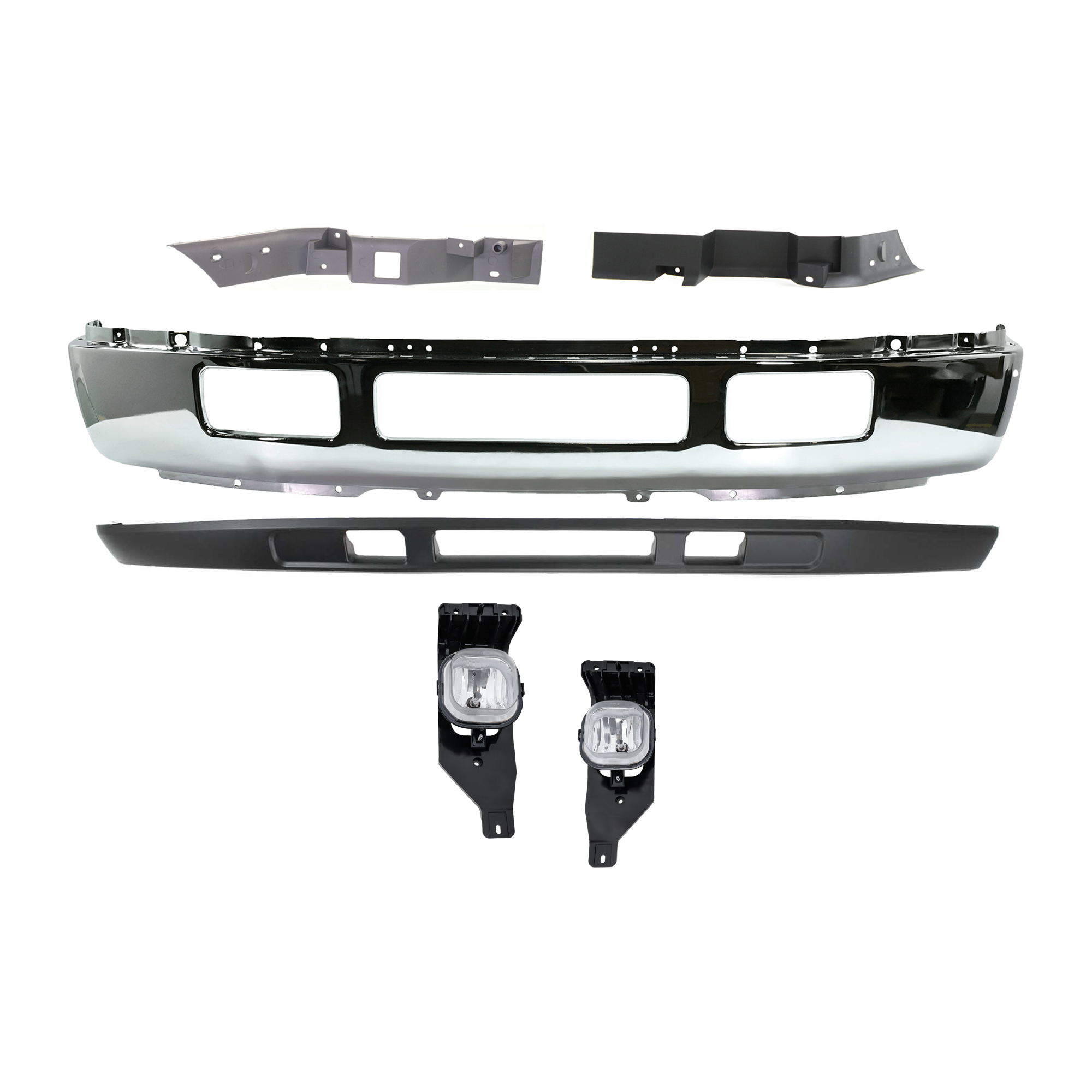 AM F 450 F 550 SUPER DUTY 05-07 FRONT BUMPER 5 pc kit Chrome with Bumper Trim Fog Light and Valance SKU KIT 071824 C316 Partslink FO1002396 FO1089119 FO1088119 FO2593211 FO2592211 FO1095219 OEM 5C3Z17757FA F81Z17A861AA F81Z1