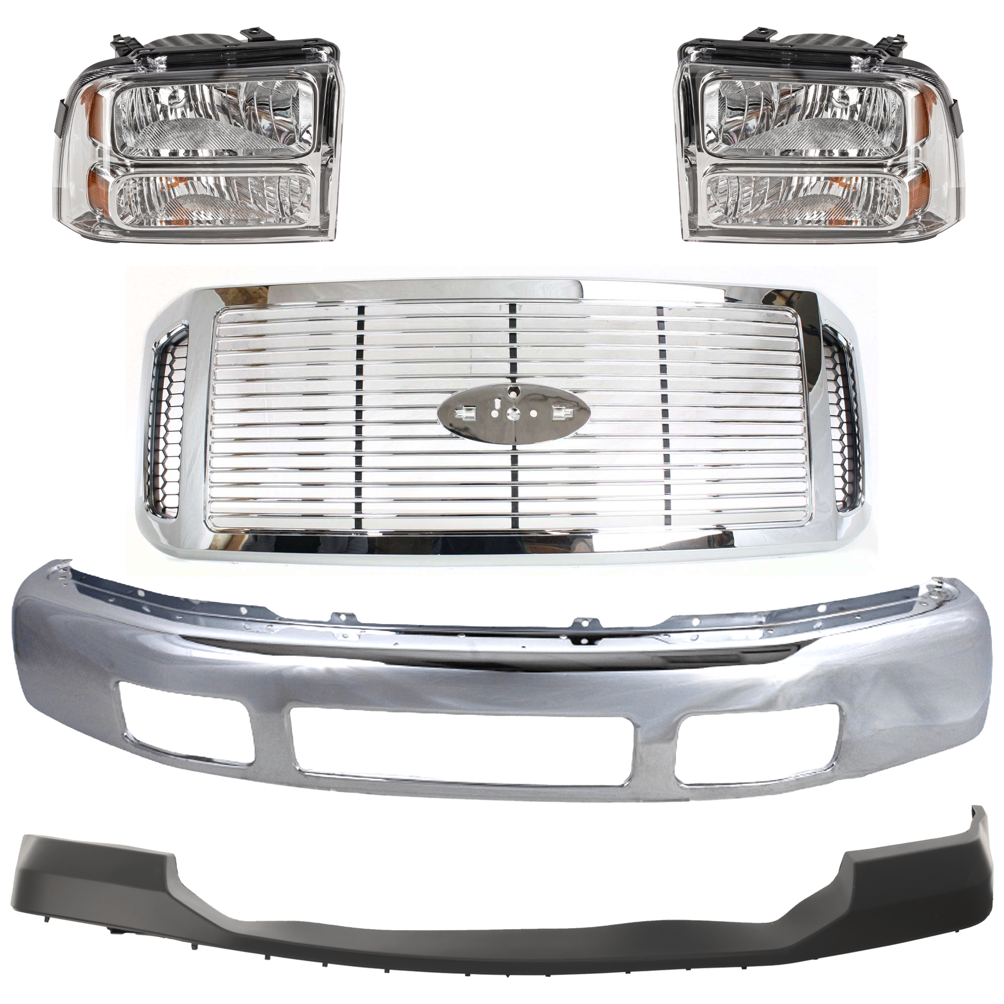 AM F 250 F 350 SUPER DUTY 06-07 FRONT BUMPER 5 pc kit Chrome with Bumper Cover Grille Assembly and Headlight SKU KIT 071824 C321 Partslink FO1002392 FO1000607 FO1200459 FO2503217 FO2502217 OEM 5C3Z17757BA 6C3Z17D957AA 6C3Z8