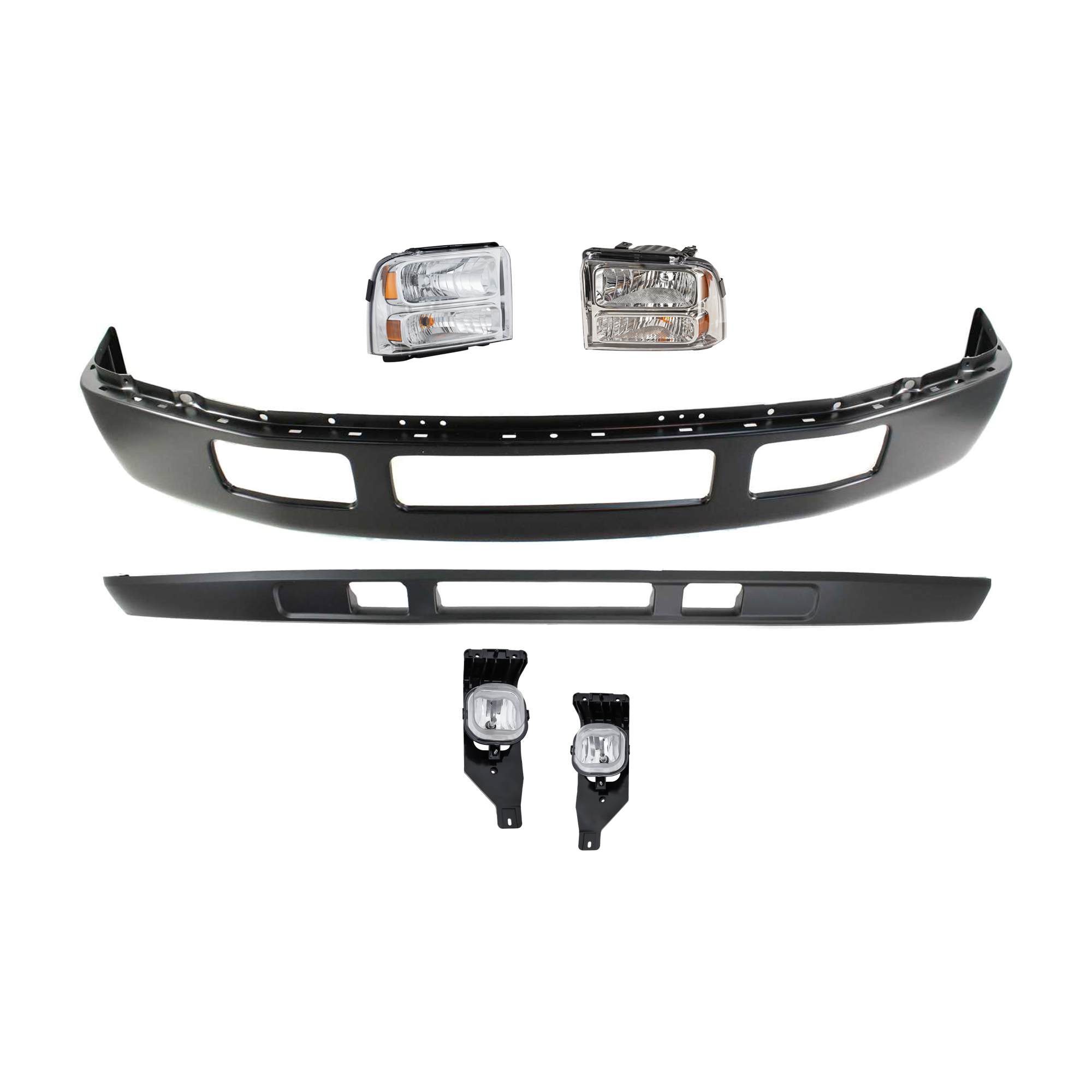AM F 250 F 350 SUPER DUTY 05-07 FRONT BUMPER 5 pc kit Black w o Fender Flare holes with Fog Light Headlight and Valance SKU KIT 071824 C322 Partslink FO1002393 FO2593211 FO2592211 FO2503217 FO2502217 FO1095219 OEM 5C3Z17757CAA 6C3Z15200AA 6C3Z1