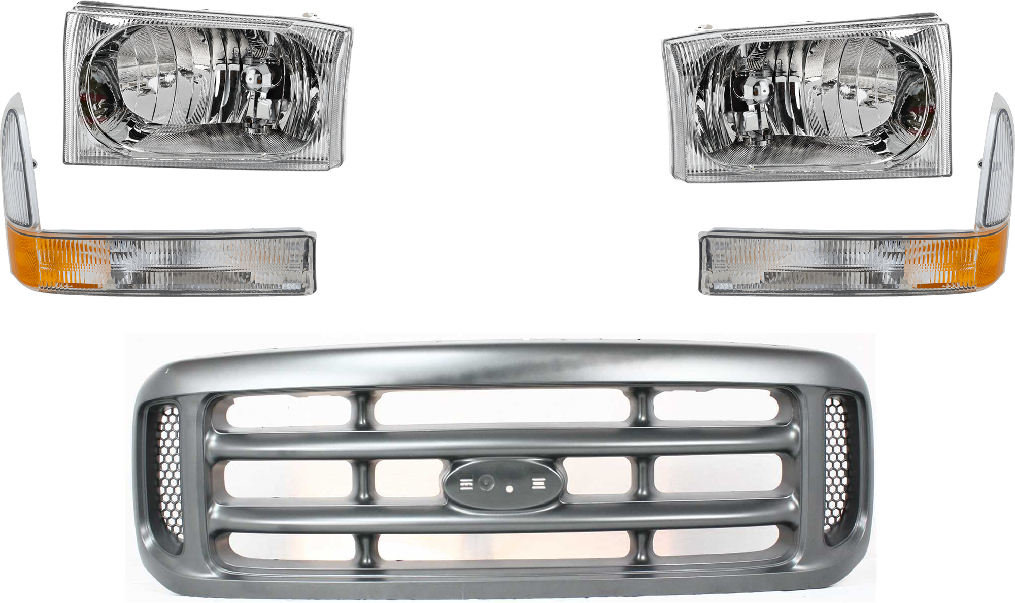 AM F SERIES SUPER DUTY 02-04 GRILLE 5 pc Kit Cross Bar Insert Painted Argent Shell and Insert with Corner Light and Headlight SKU KIT 071824 C329 Partslink FO1200362 FO2520169 FO2521169 FO2503183 FO2502183 OEM YC3Z8200AAA 2C3Z13201AA 2C3Z13