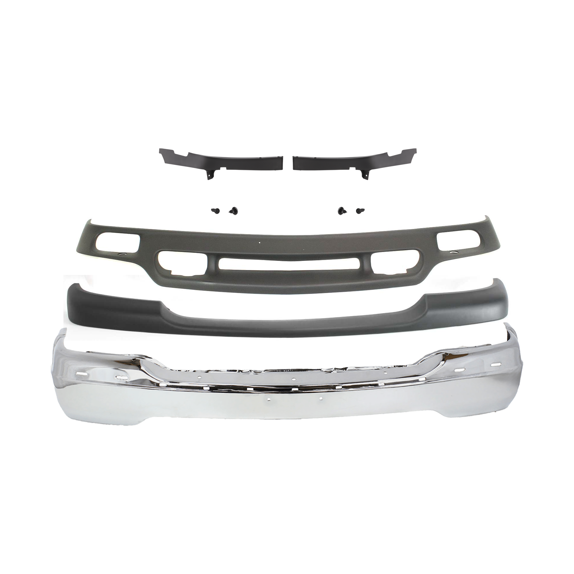 AM SIERRA 1500 SIERRA 2500-99-02 FRONT BUMPER 5 pc kit Chrome with Bumper Trim and Valance SKU KIT 071824 C331 Partslink GM1002373 GM1089170 GM1088170 GM1051105 GM1092169 OEM 15758072-15102067-15049381-157