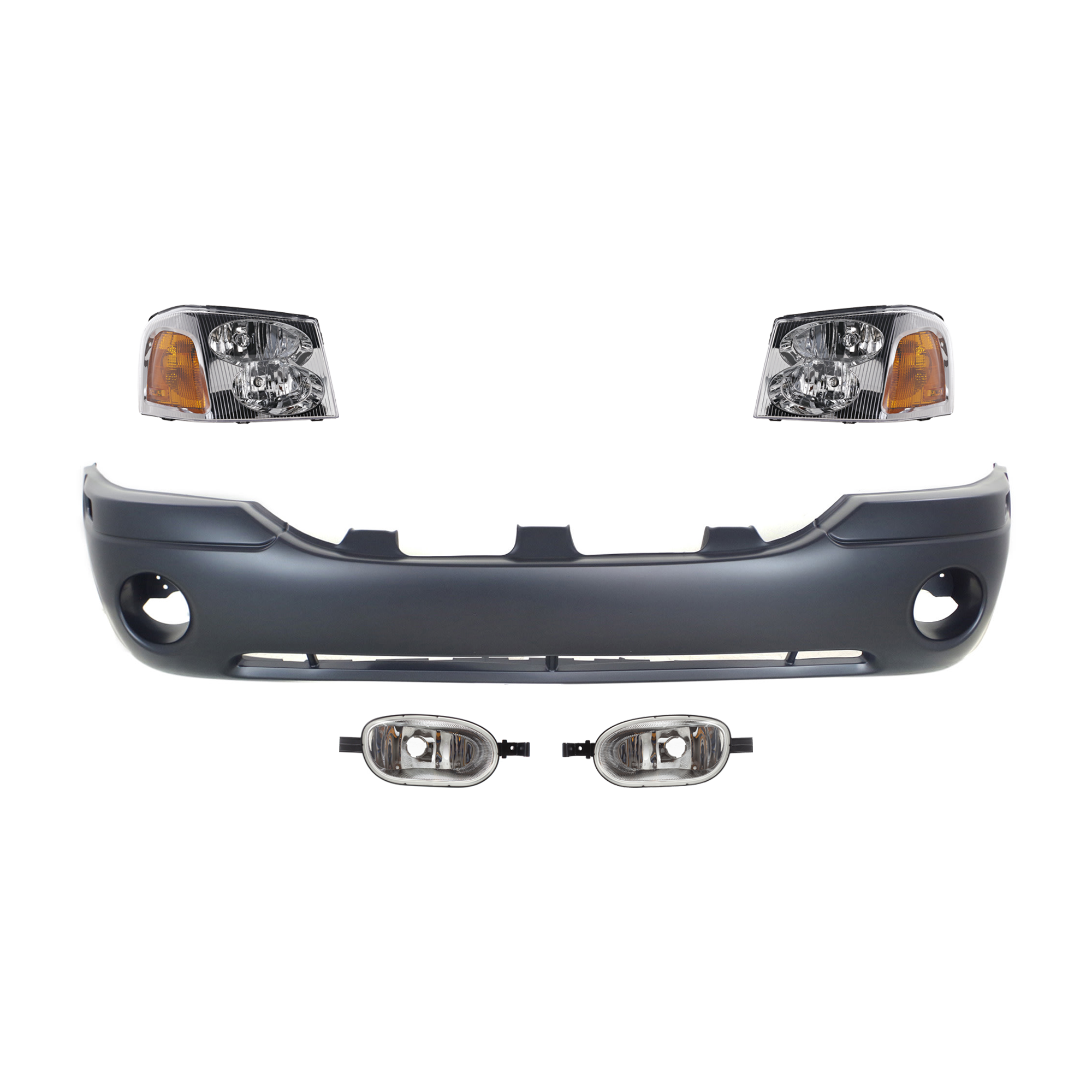 AM ENVOY 02-09 ENVOY XL 02-06 HEAD LAMP RH AND LH 5 pc kit Assembly Halogen with Bumper Cover and Corner Light SKU KIT 071824 C334 Partslink GM2502220 GM2503220 GM1000641 GM2549101 GM2548101 OEM 15866070-15866071-88937036-159