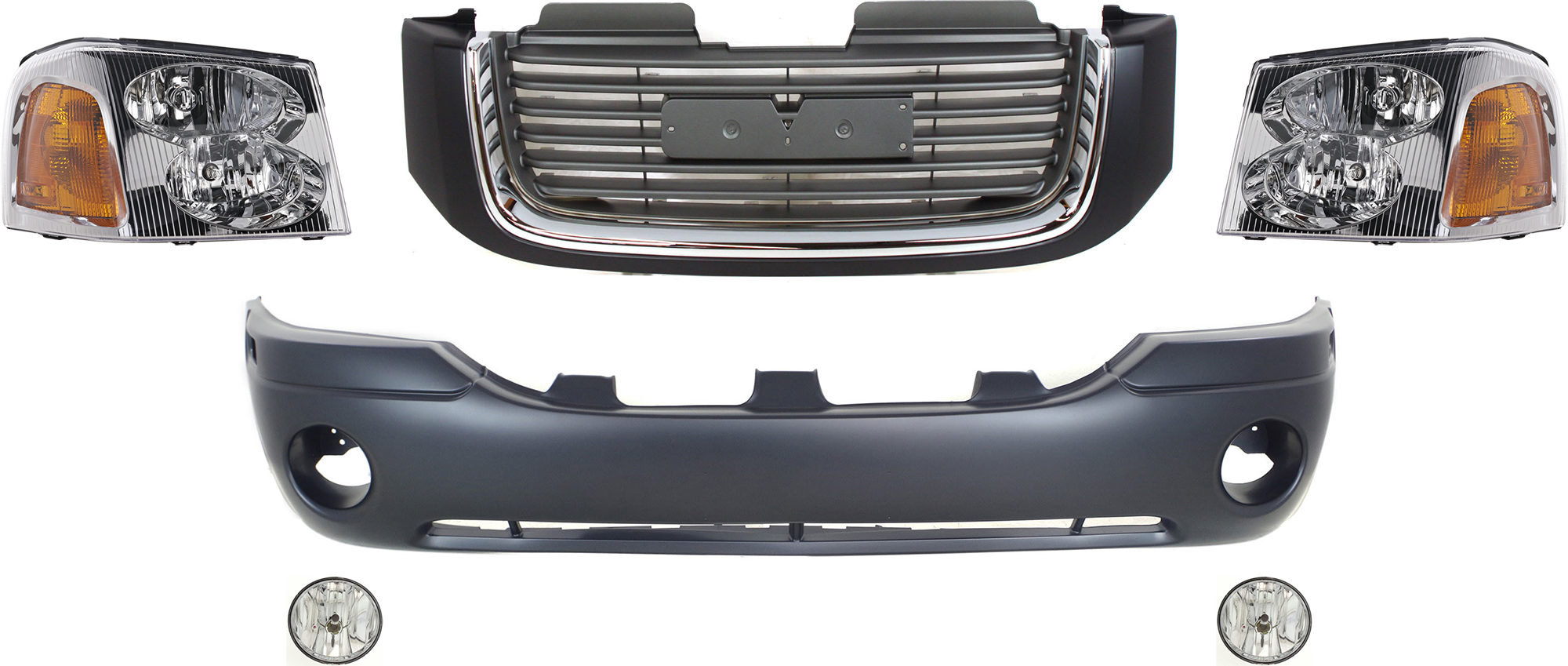 AM ENVOY 02-09 ENVOY XL 02-06 GRILLE 6 pc Kit Painted Black Shell Painted Gray Insert Horizontal Bar Insert with Bumper Cover Fog Light and Headlight SKU KIT 071824 C336 Partslink GM1000641 GM1200465 GM2502220 GM2503220 OEM 10358134-15269042-15866070-158