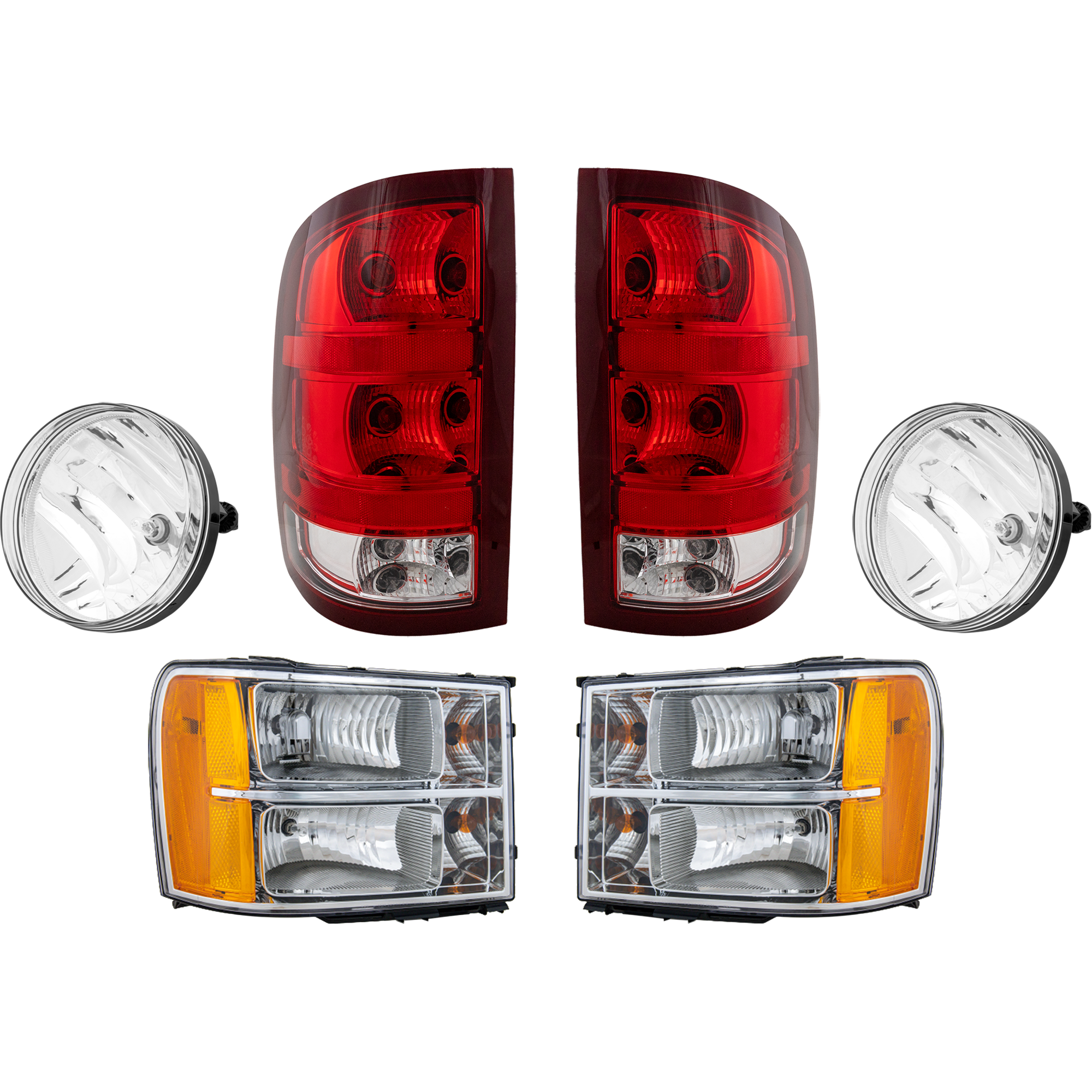 AM SIERRA 07-14 HEAD LAMP RH AND LH 6 pc Kit with Fog Light and Tail Light SKU KIT 071824 C337 Partslink GM2502283 GM2503283 GM2593161 GM2592161 GM2800208 GM2801208 OEM 20980241-22853030-25866496-258
