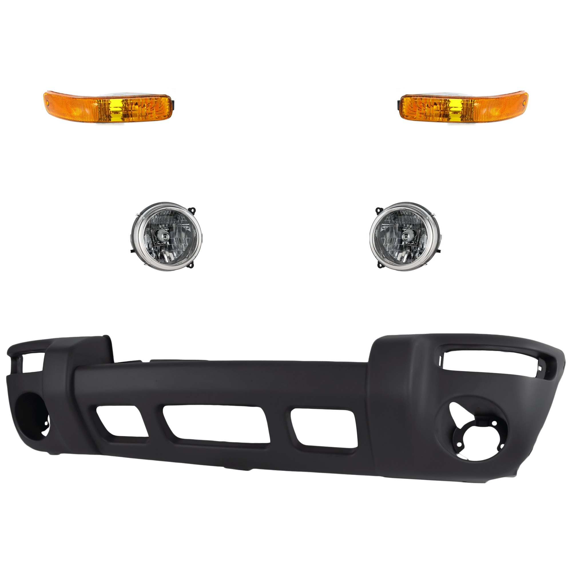 AM LIBERTY 02-03 FRONT BUMPER COVER 5 pc kit Textured with Headlight and Parking Light SKU KIT 071824 C340 Partslink CH1000367 CH2502136 CH2503136 CH2521139 CH2520139 OEM 5GJ63HS5AC 5101821AA 5101820AA