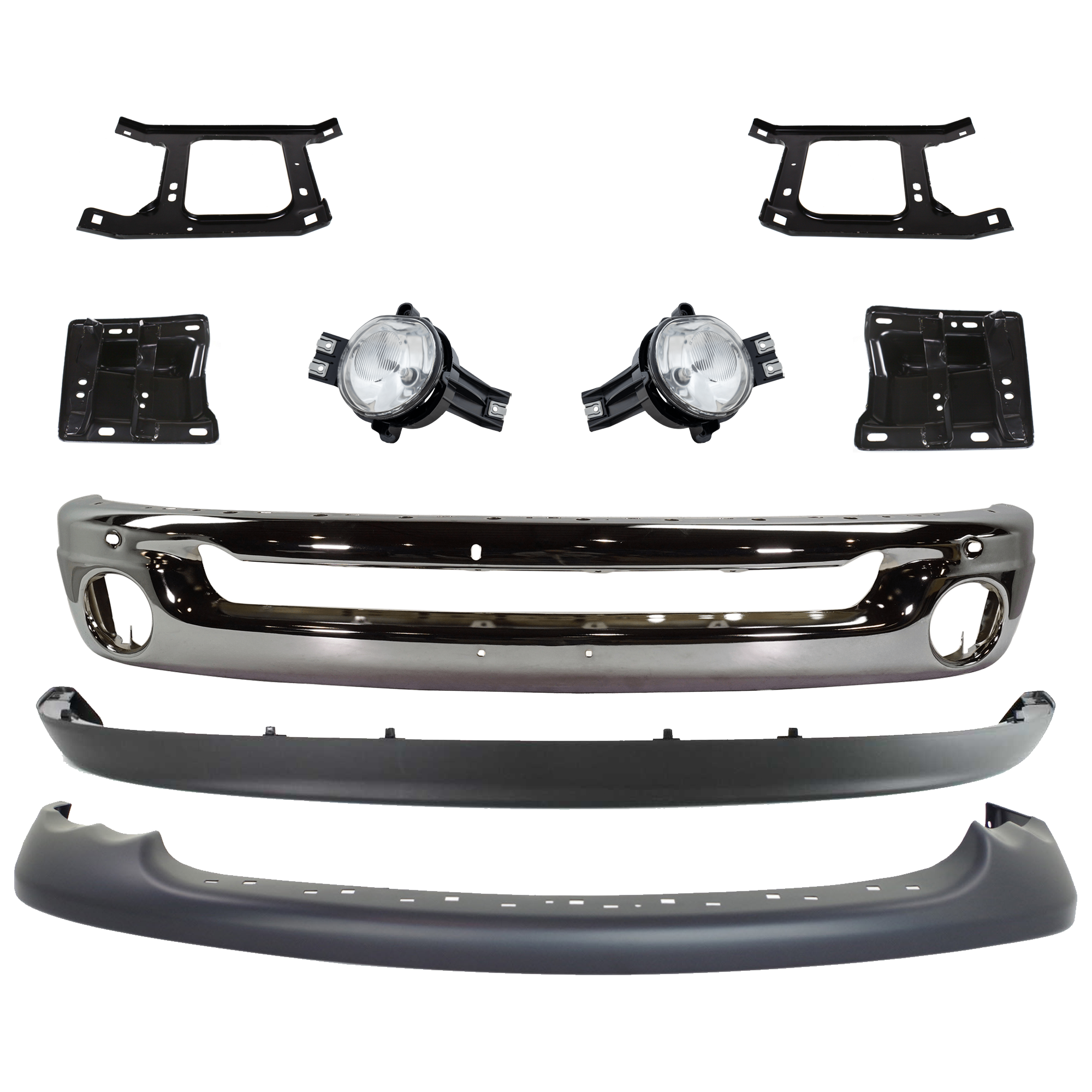 AM RAM 1500-02-05 FRONT BUMPER 9 pc kit Face Bar Steel Chrome with Bumper Bracket Fog Light and Valance SKU KIT 071824 C34 Partslink CH1002383 CH1066127 CH1067127 CH1066131 CH1067131 CH2592121 CH2593121 CH1000338 CH1090125 OEM 55077946AB 55077209AA 55077208