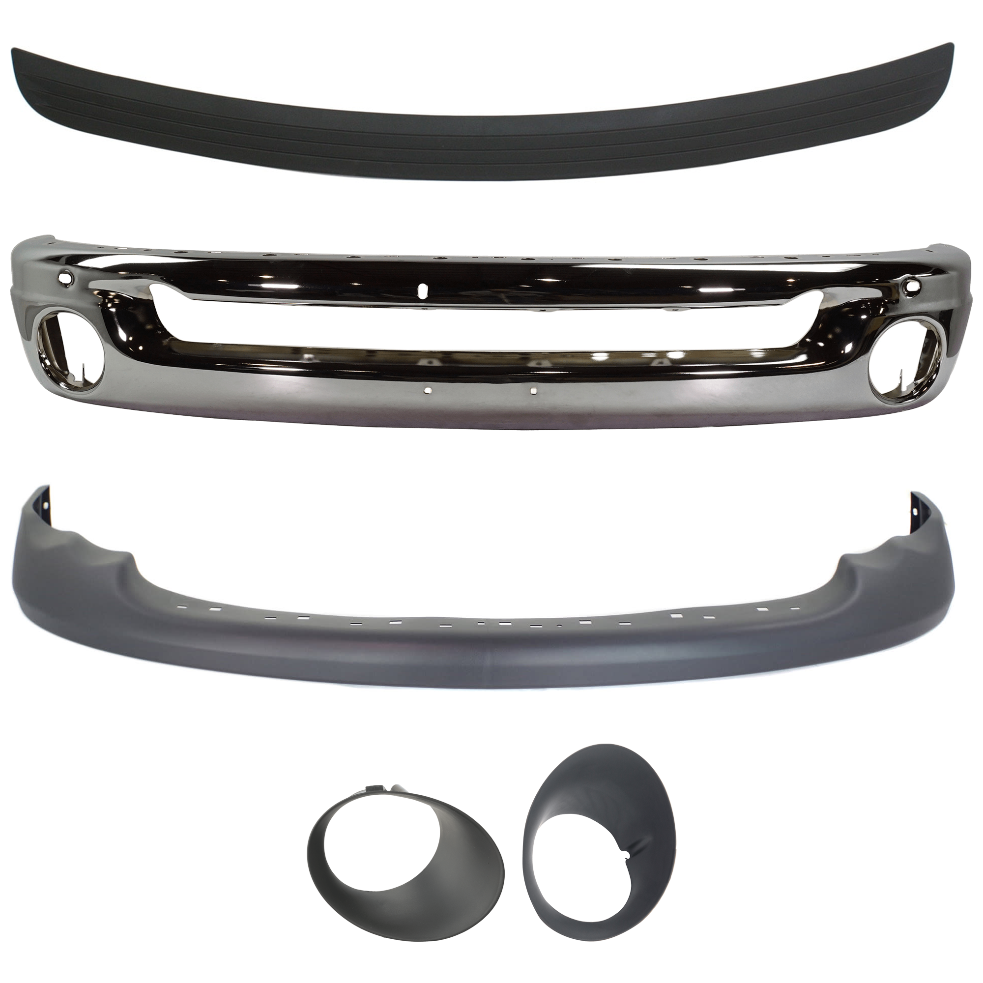 AM DODGE FULL SIZE PICKUP 02-05 FRONT BUMPER 5 pc kit Face Bar Steel Chrome with Bumper Trim Fog Light Trim and Valance SKU KIT 071824 C353 Partslink CH1002383 CH1019102 CH2598101 CH2599101 CH1000411 OEM 55077946AB 55077342AC 55077239