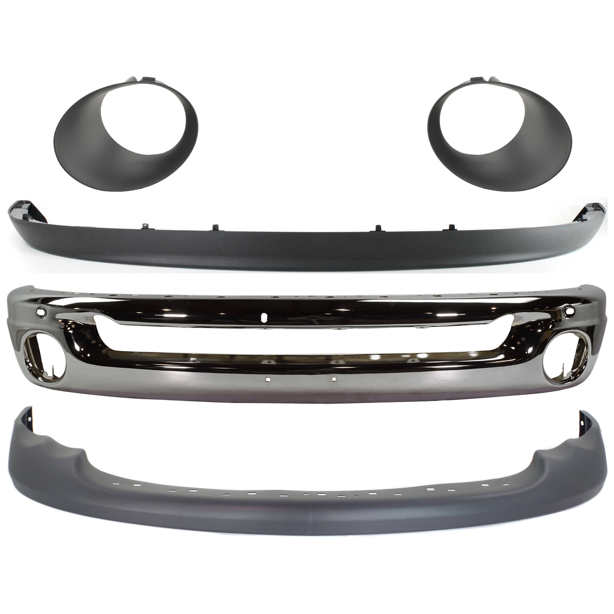 AM DODGE RAM FULL SIZE PICKUP 02-05 FRONT BUMPER 5 pc kit Face Bar Steel Chrome with Fog Light Trim and Valance SKU KIT 071824 C354 Partslink CH1002383 CH2598101 CH2599101 CH1000411 CH1090125 OEM 55077946AB 55077239AD 55077239
