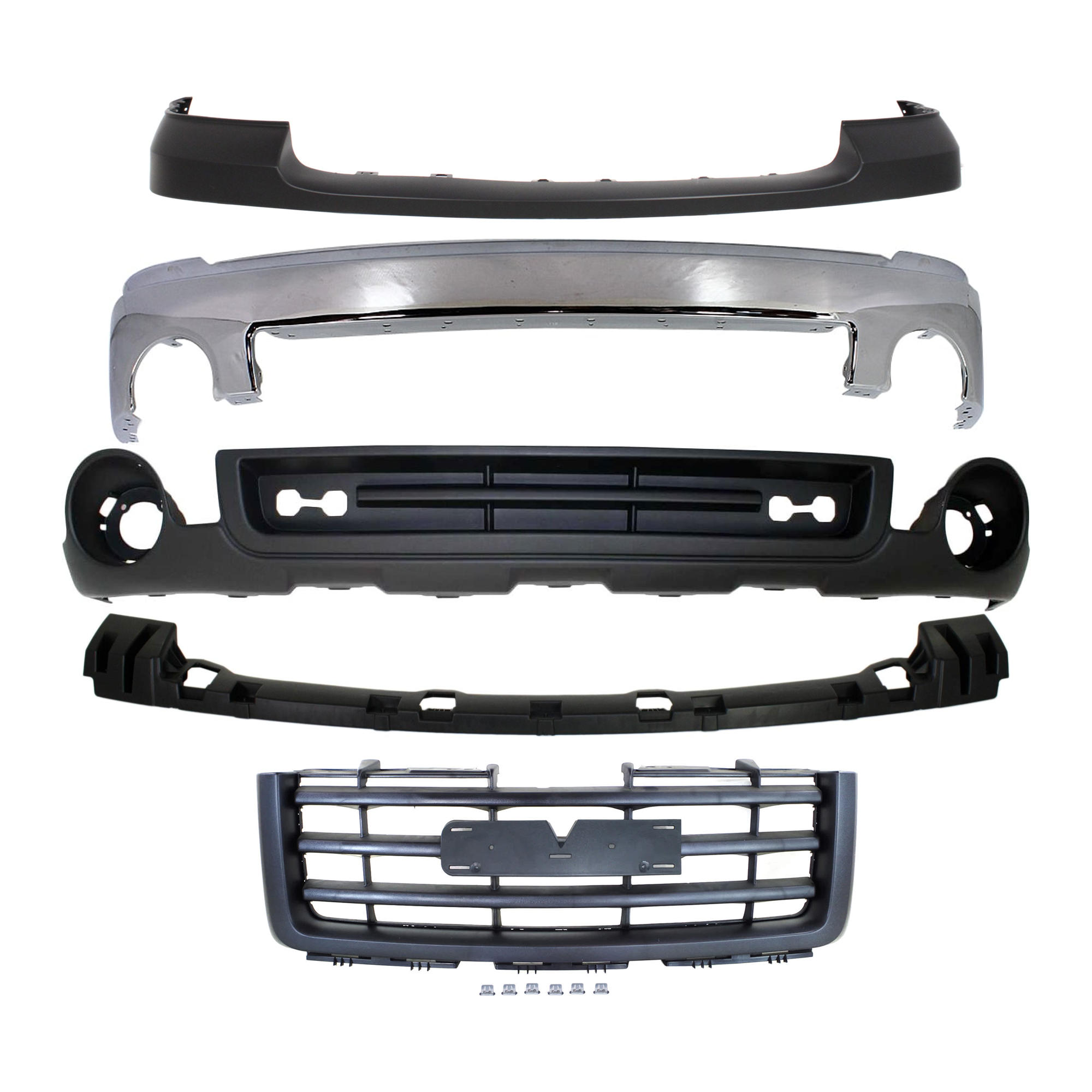 AM SIERRA 1500-07-13 FRONT BUMPER 5 pc kit Chrome w o Air Hole with Bumper Bracket Bumper Cover Grille Assembly and Valance SKU KIT 071824 C365 Partslink GM1002833 GM1065108 GM1014102 GM1200583 GM1015100 OEM 15901505-15246822-25783584-227