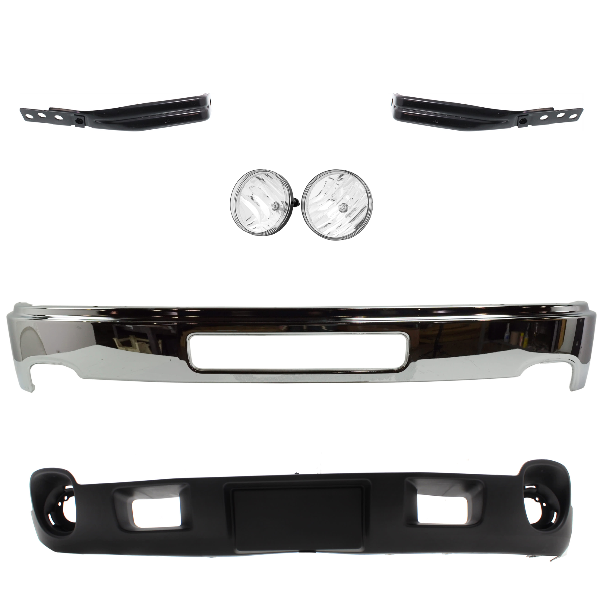 AM SIERRA 2500 HD 3500 HD 11-14 FRONT BUMPER 5 pc kit Chrome with Bumper Bracket Fog Light and Valance SKU KIT 071824 C377 Partslink GM1002839 GM1063104 GM1062104 GM2593161 GM2592161 GM1092216 OEM 25998989-25993620-25993619-258