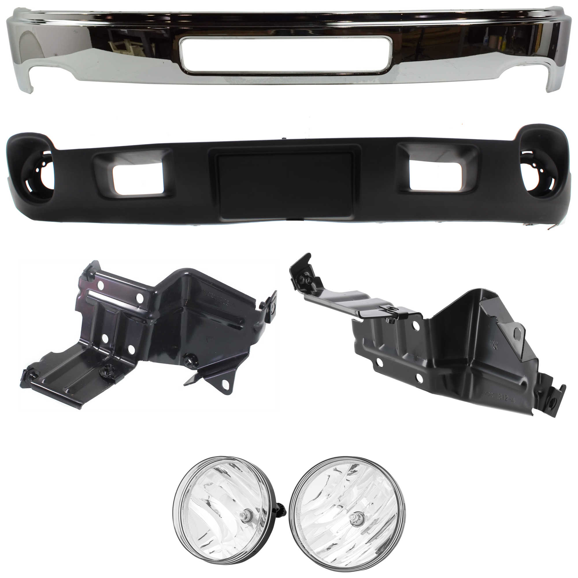 AM SIERRA 2500 HD 3500 HD 11-14 FRONT BUMPER 5 pc kit Chrome with Bumper Bracket Fog Light and Valance SKU KIT 071824 C378 Partslink GM1002839 GM1063103 GM1062103 GM2593161 GM2592161 GM1092216 OEM 25998989-25832376-25832375-258