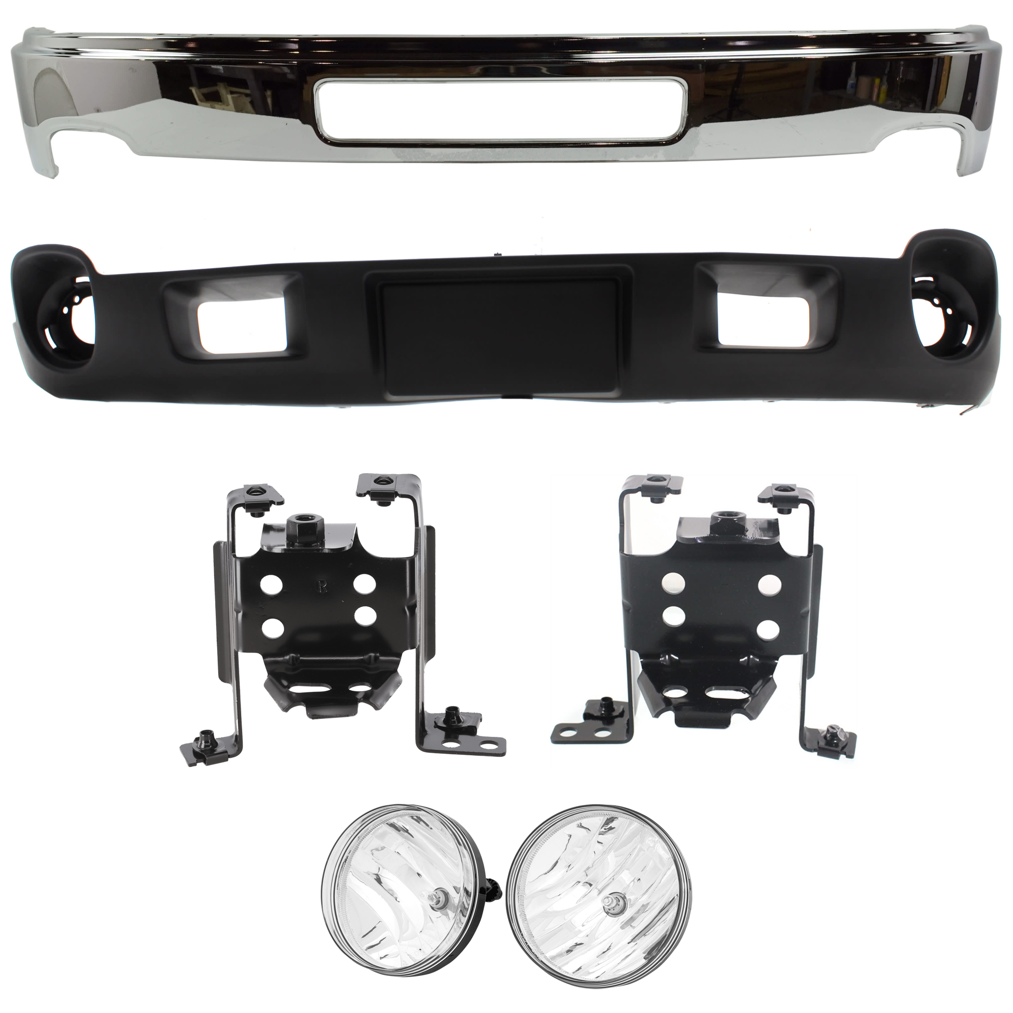 AM SIERRA 2500 HD 3500 HD 11-14 FRONT BUMPER 5 pc kit Chrome with Bumper Bracket Fog Light and Valance SKU KIT 071824 C379 Partslink GM1002839 GM1063102 GM1062102 GM2593161 GM2592161 GM1092216 OEM 25998989-25832381-25832380-258