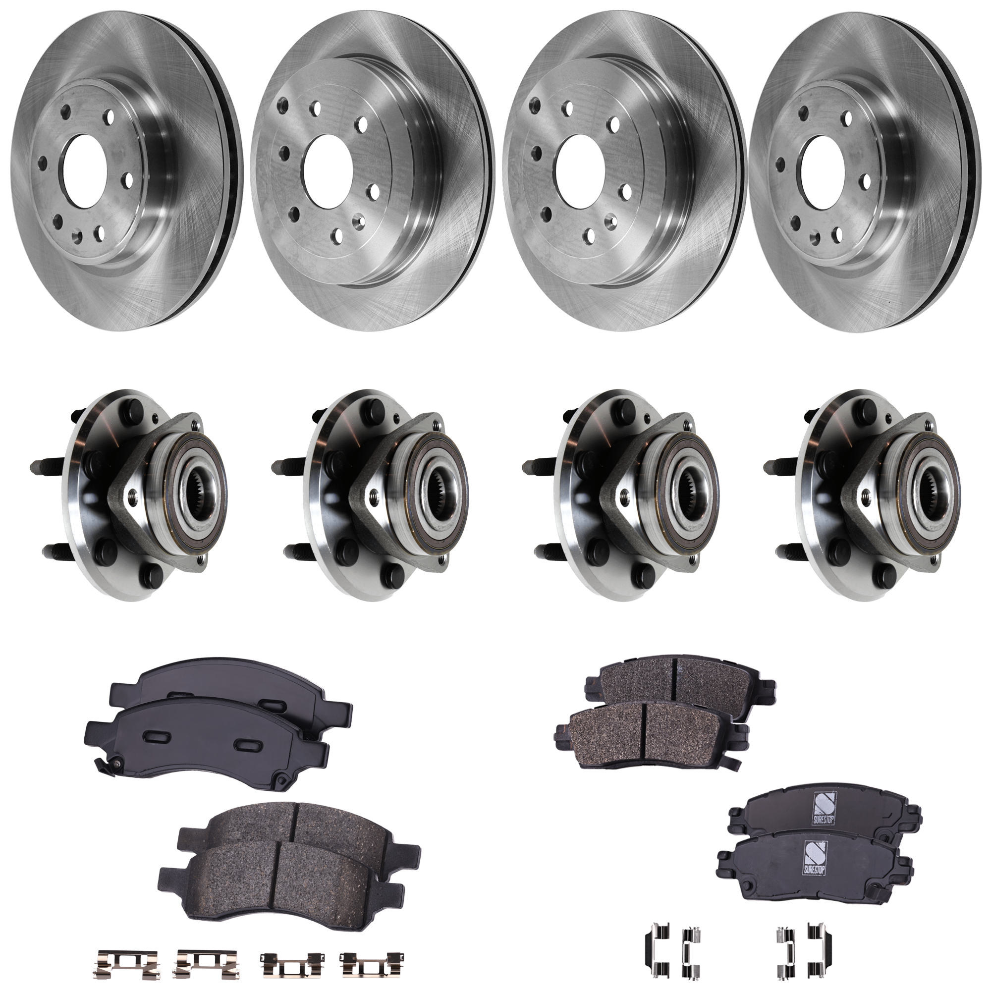 AM ACADIA 07-16 ENCLAVE 08-17 FRONT AND REAR HUB ASSEMBLY RH AND LH 12 pc kit 6 Studs 6 x 5.2 in. Bolt Pattern with Brake Disc and Brake Pad Set SKU KIT 071824 C382 OEM 22756832-10390111-25853001-229