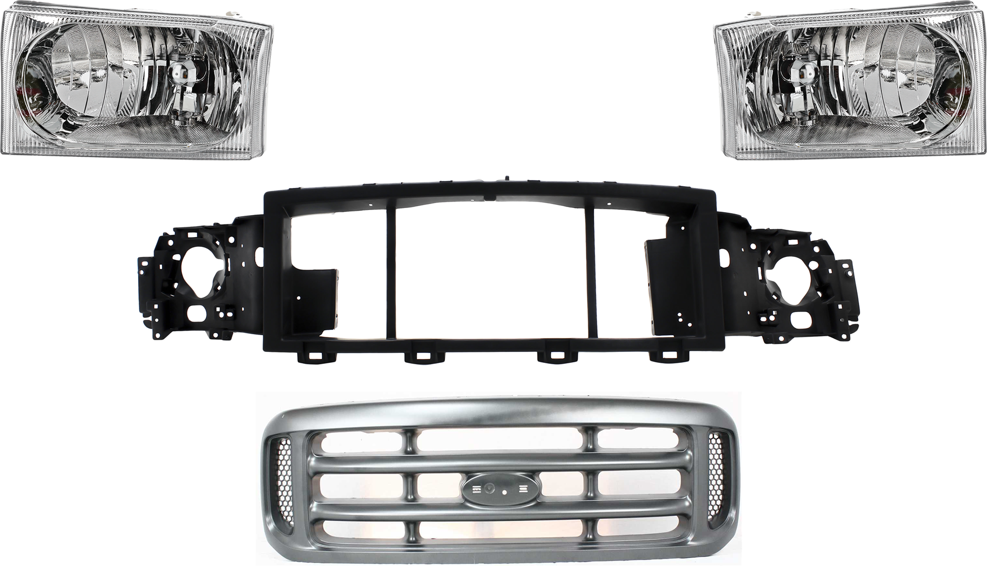AM F SERIES SUPER DUTY 02-04 GRILLE 4 pc Kit Cross Bar Insert Painted Argent Shell and Insert with Header Panel and Headlight SKU KIT 071824 C393 Partslink FO1200362 FO1221115 FO2502183 FO2503183 OEM YC3Z8200AAA F81Z8A284AA 2C3Z13