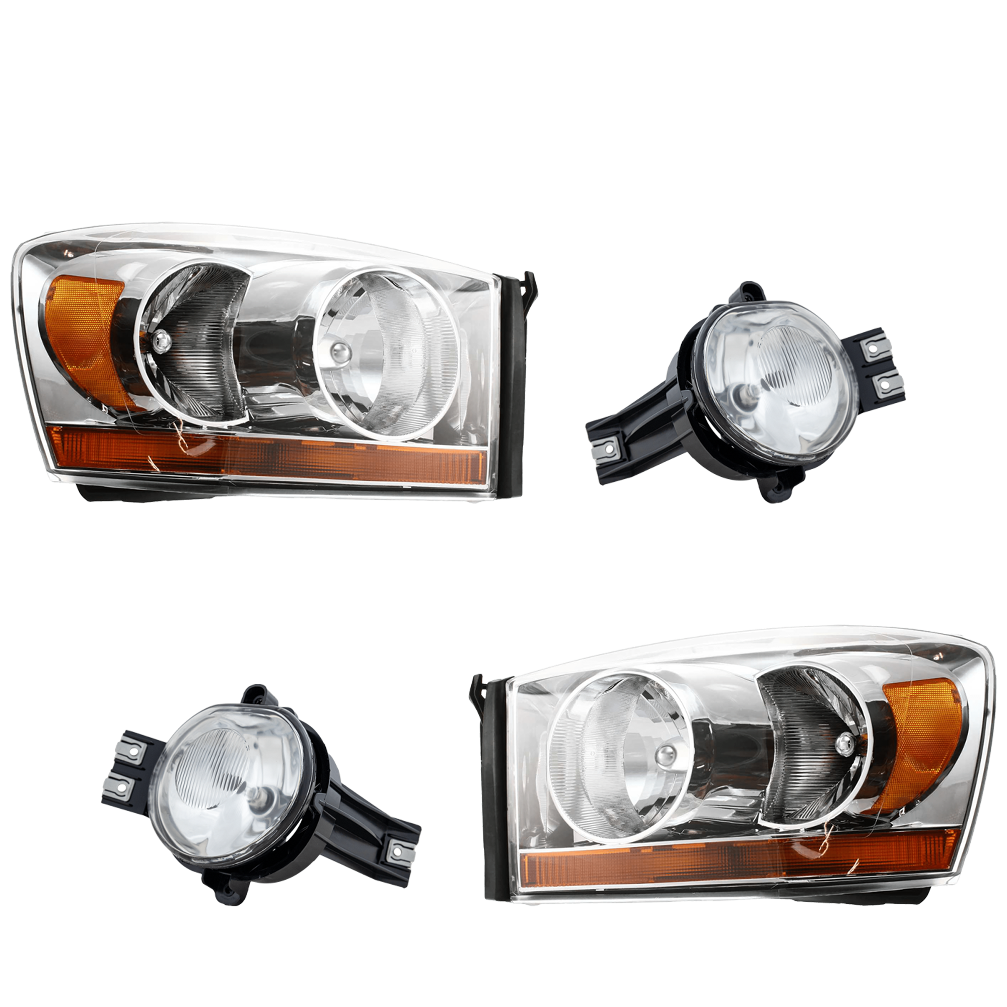 AM DODGE FULL SIZE P U 06-09 HEAD LAMP RH AND LH 4 pc kit w Fog Light SKU KIT 071824 C395 Partslink CH2518114 CH2519114 CH2592121 CH2593121 OEM 55077794AD PFM 55077795AD PFM