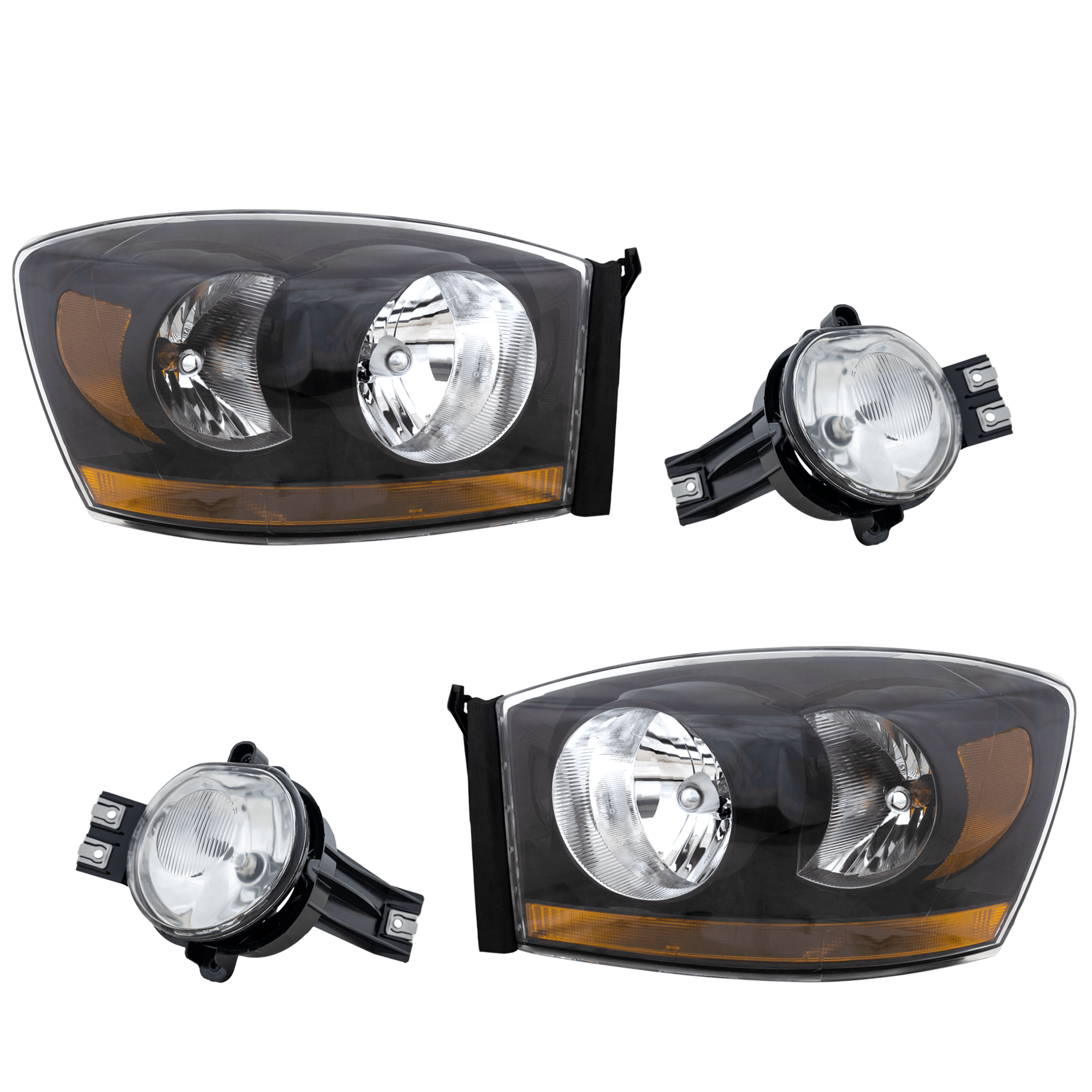AM DODGE FULL SIZE P U 06-09 HEAD LAMP RH AND LH 4 pc kit w Fog Light SKU KIT 071824 C396 Partslink CH2518115 CH2519115 CH2592121 CH2593121 OEM 55372814AB PFM 55372815AB PFM