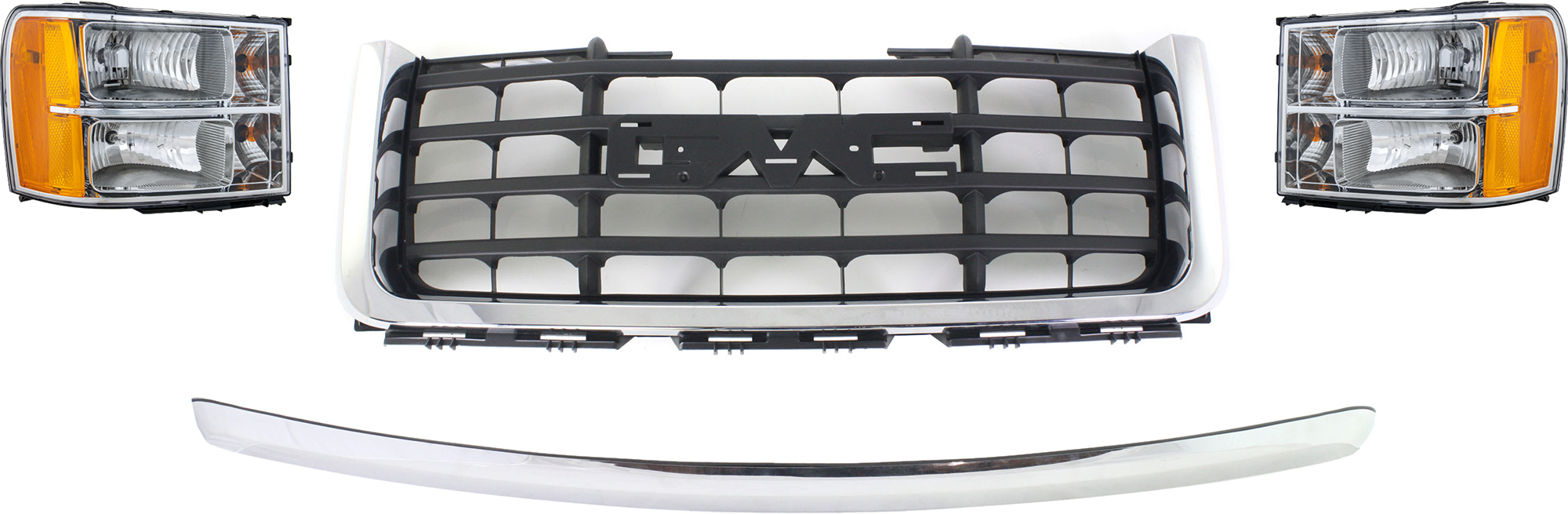 AM SIERRA 2500 HD 3500 HD 07-10 GRILLE 4 pc Kit Chrome Shell Textured Gray Insert New Body Style with Headlight and Hood Molding SKU KIT 071824 C401 Partslink GM1200613 GM2503283 GM2502283 GM1235109 OEM 25825523-22853030-20980241-103
