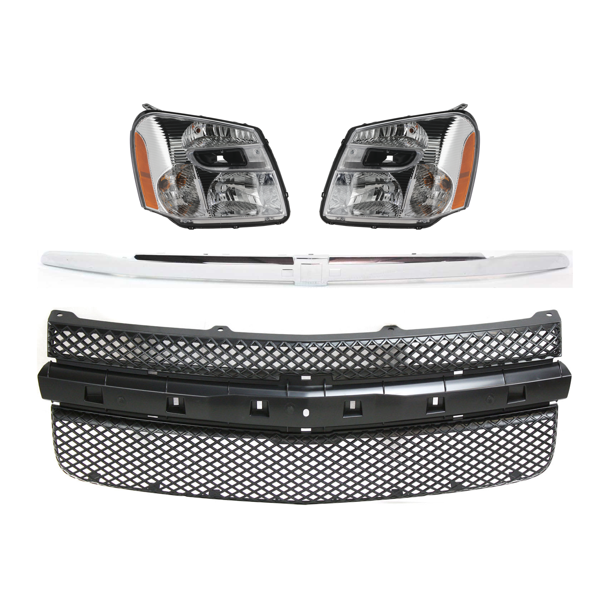 AM EQUINOX 05-09 HEAD LAMP RH AND LH 4 pc kit w Grille Assembly and Grille Trim SKU KIT 071824 C420 Partslink GM2502254 GM2503254 GM1200527 GM1210106 OEM 15888058-15888059-5481230-2590
