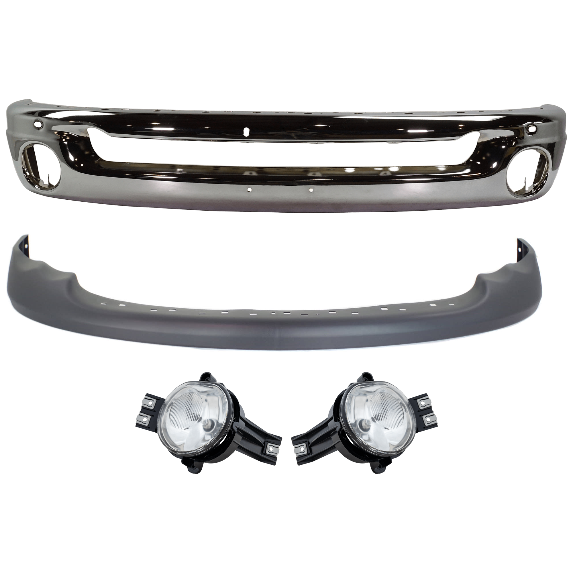 AM DODGE RAM FULL SIZE PICKUP 02-05 FRONT BUMPER 4 pc kit Face Bar Steel Chrome with Fog Light and Valance SKU KIT 071824 C431 Partslink CH1002383 CH2592121 CH2593121 CH1000411 OEM 55077946AB 55077475AE 55077474