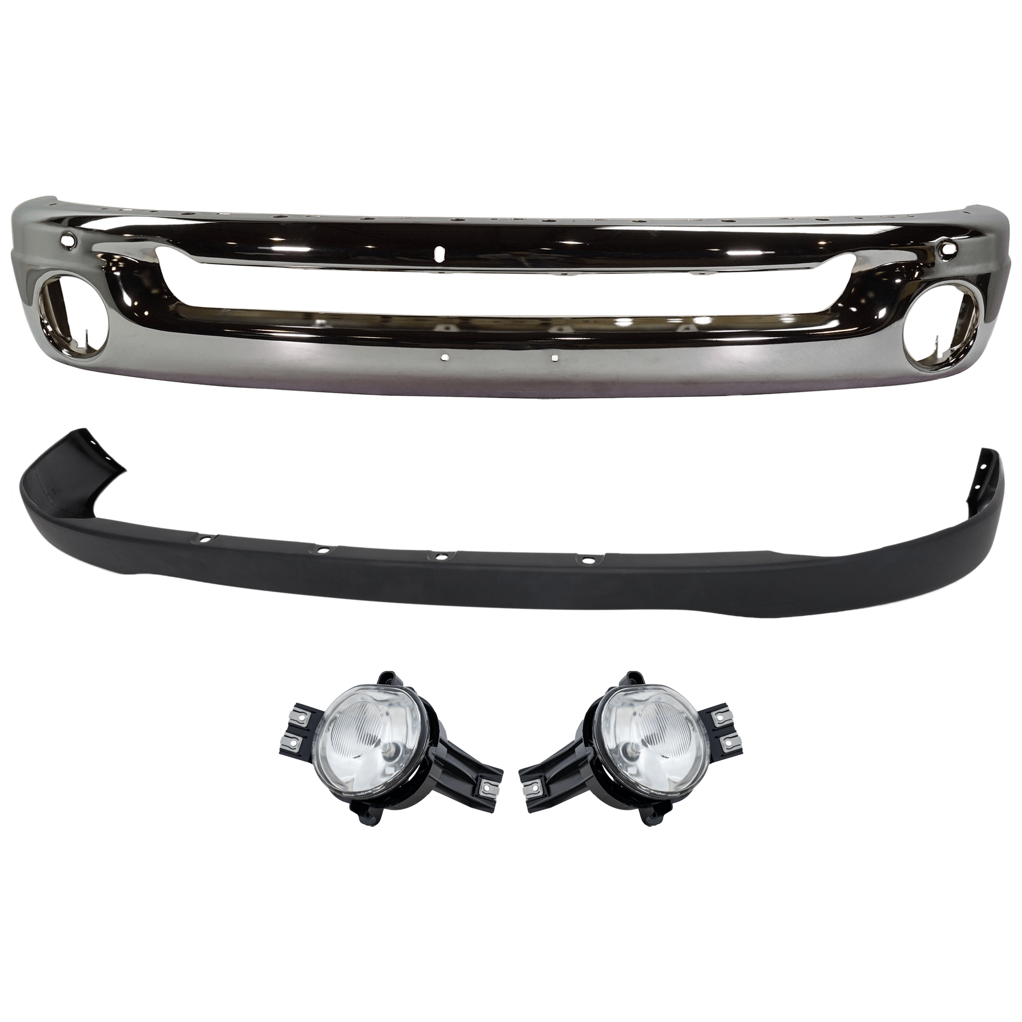 AM DODGE RAM FULL SIZE PICKUP 06-09 FRONT BUMPER 4 pc kit Face Bar Steel Chrome with Bumper Cover and Fog Light SKU KIT 071824 C432 Partslink CH1002383 CH1000880 CH2592121 CH2593121 OEM 55077946AB 55077762AA 55077475